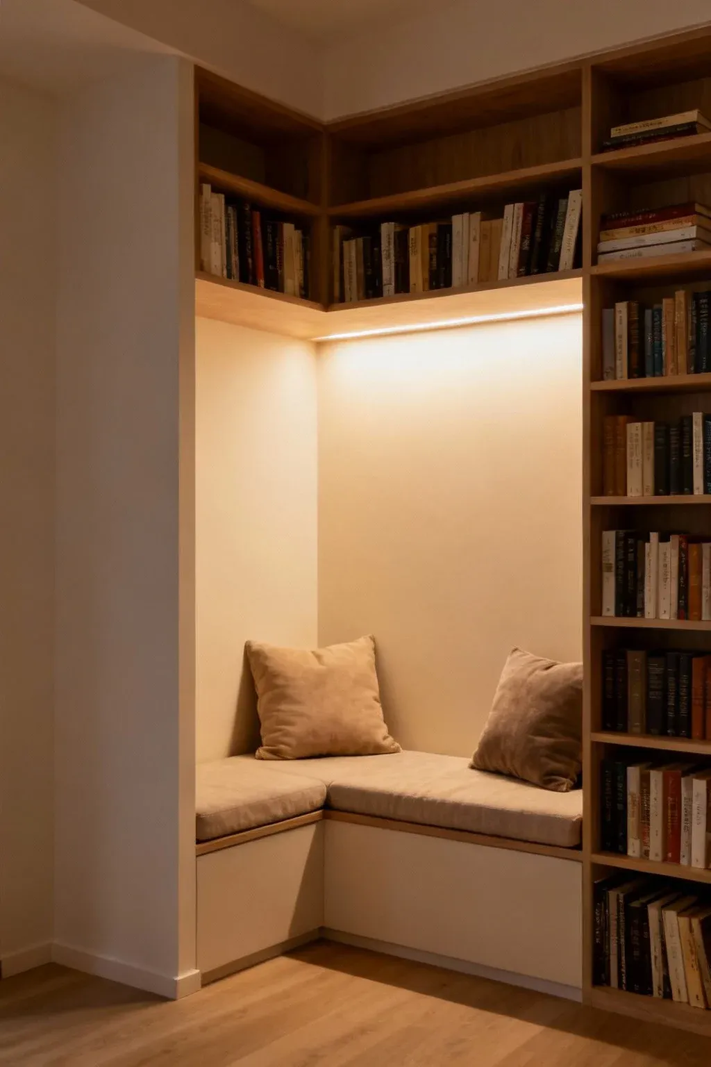 Multi-functional bookshelves with built-in seating for practical use.