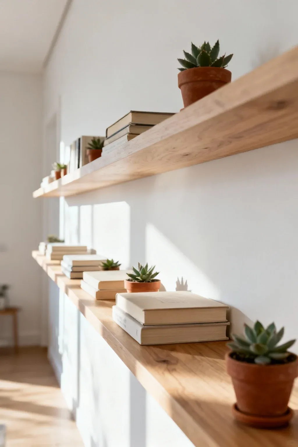 Long minimalist shelves on a white wall with curated items in soft natural light.