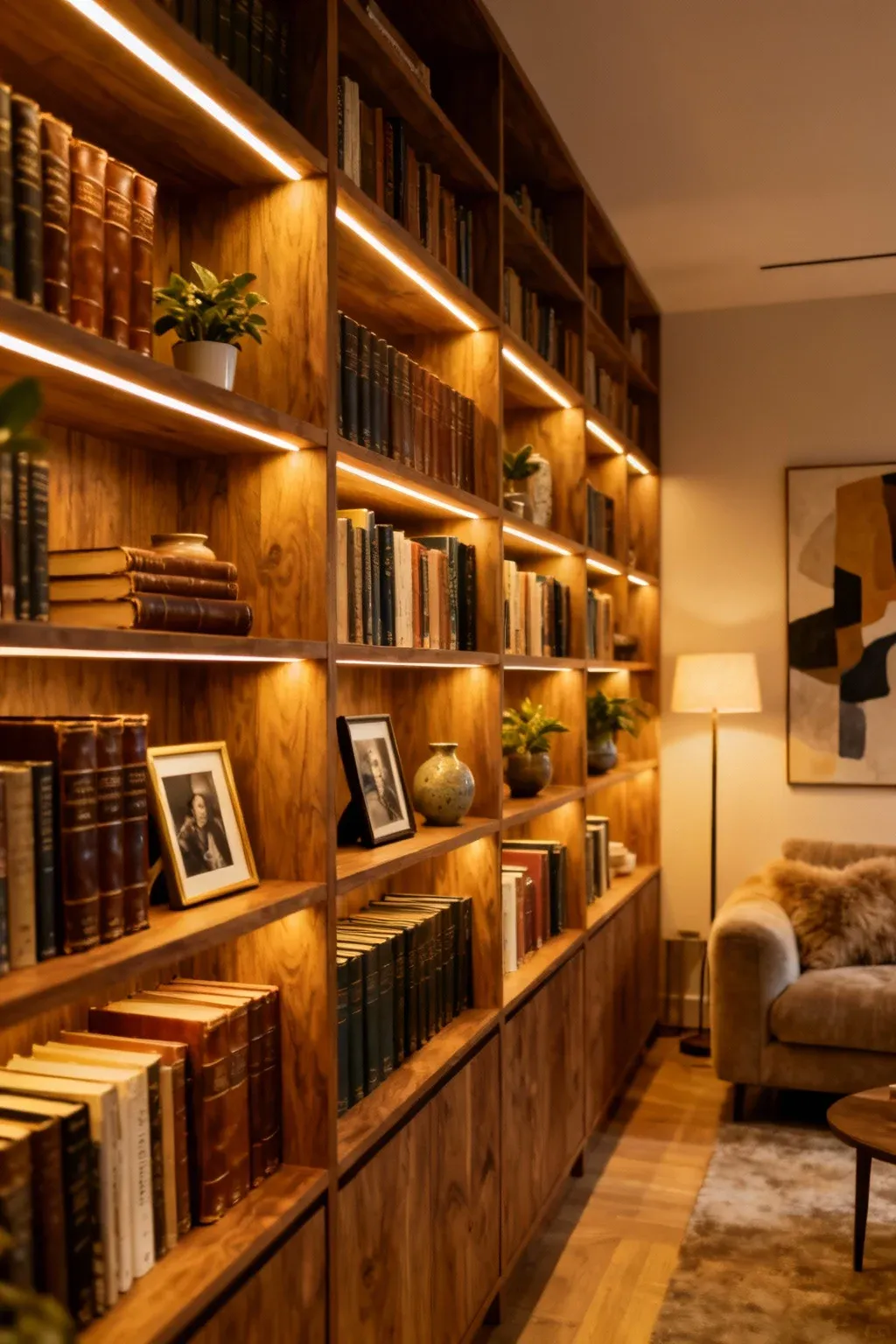Full wall bookshelf with integrated LED lights showcasing books and decor.