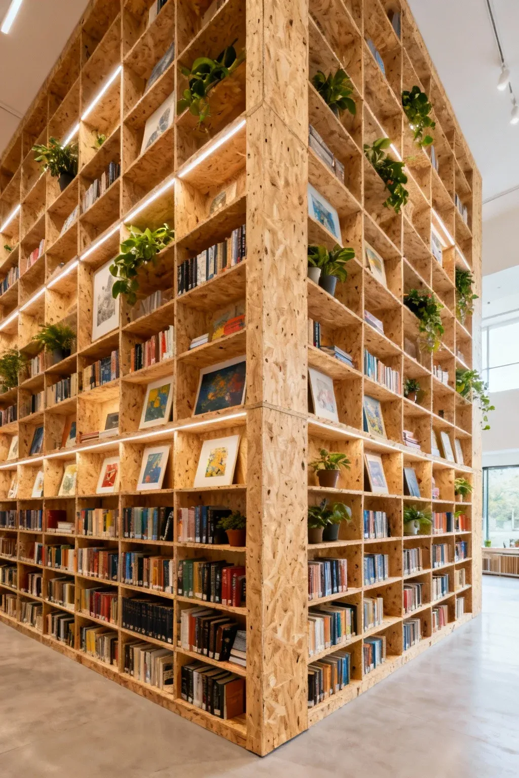 Floor to ceiling shelves filled with books and plants in a spacious room.