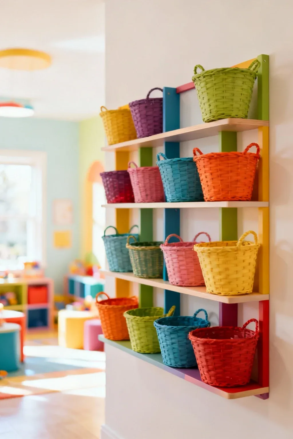 Wall shelf unit with colorful baskets adding a playful touch to the room.