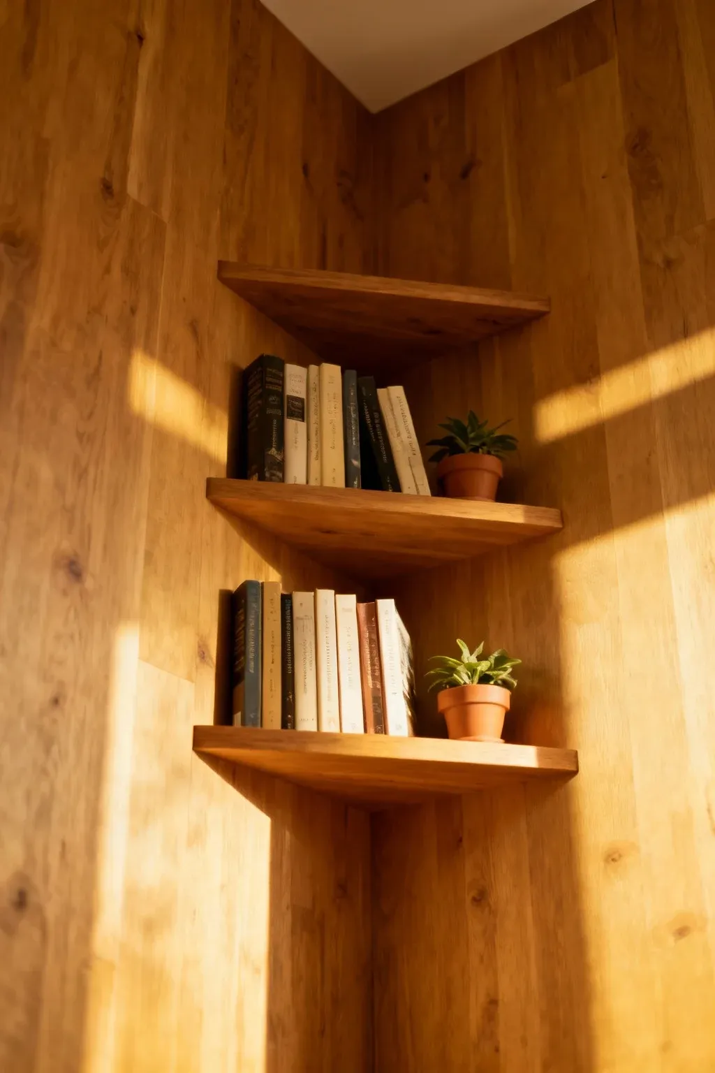 Inside wall shelves in a corner displaying books and plants in soft light.