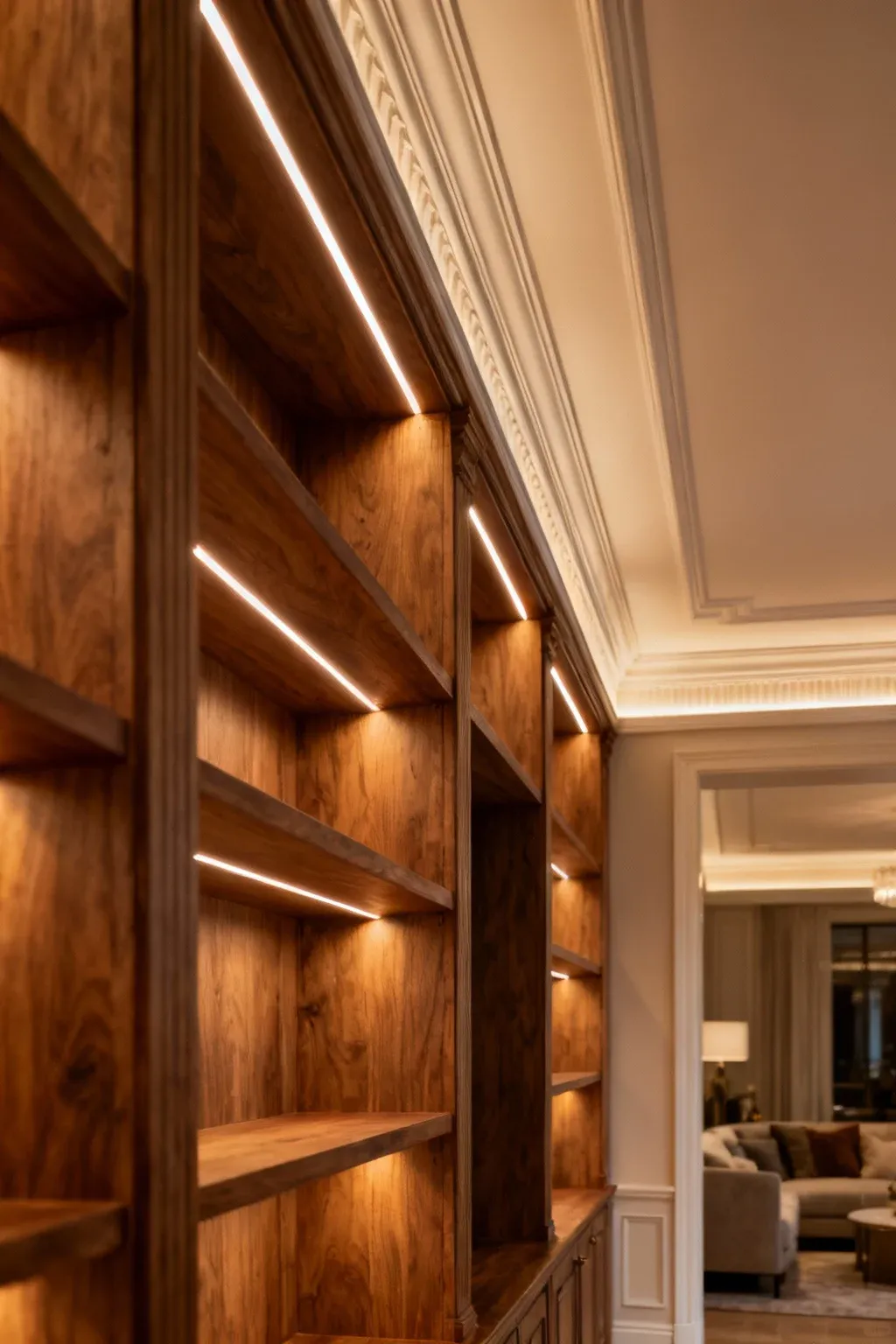 Built-in shelves with crown molding and lighting in a stylish living room.