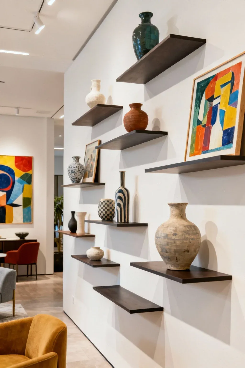 Staggered wall shelving units displaying decorative items in a modern room.