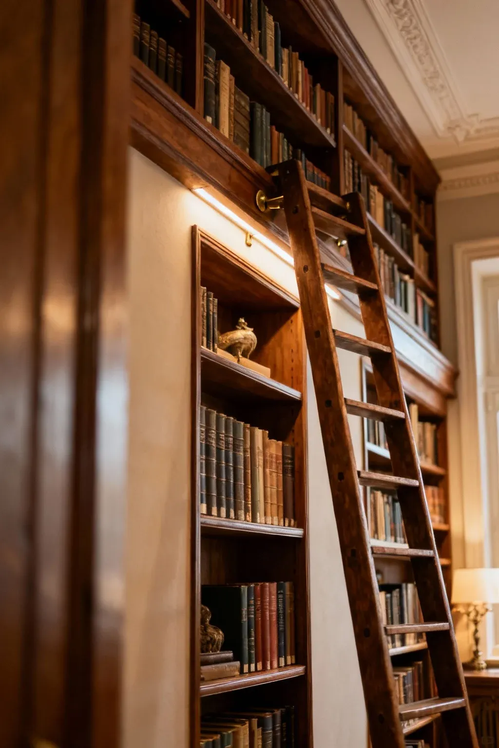 Wall bookcase with a ladder for easy access in a charming library.