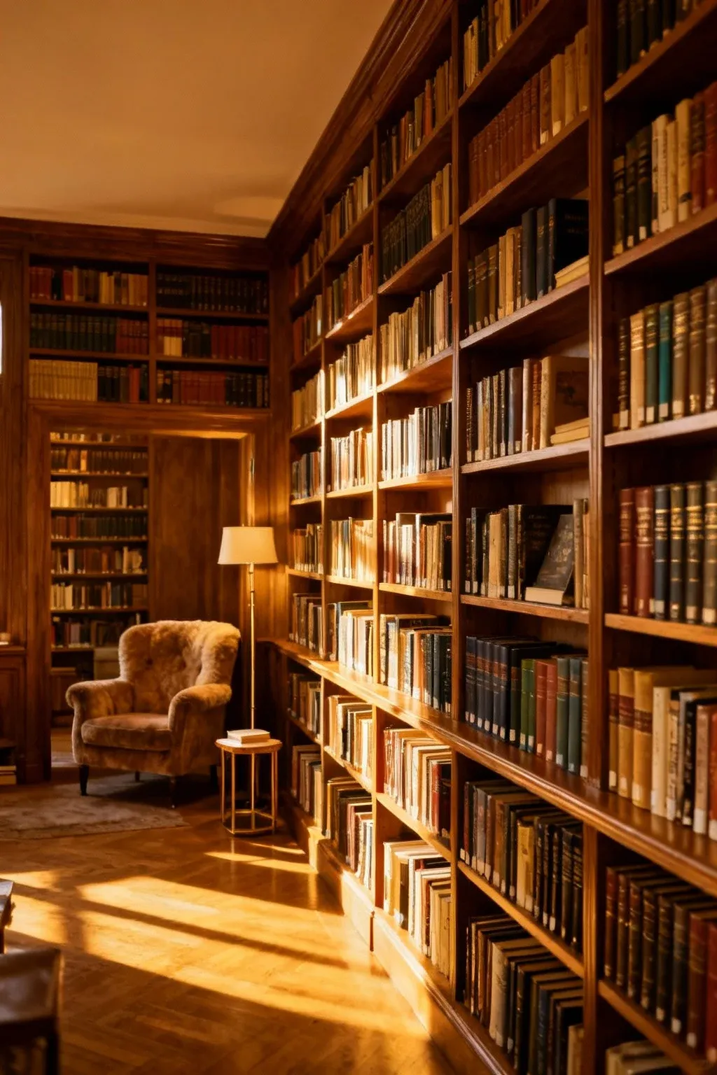 Wall to wall bookshelves creating a stunning library effect with a reading nook.