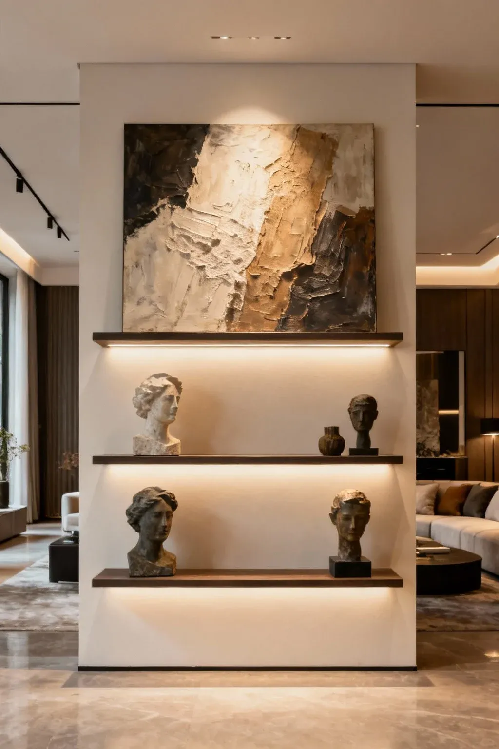 Large wall shelves showcasing oversized art and sculptures in a stylish living area.