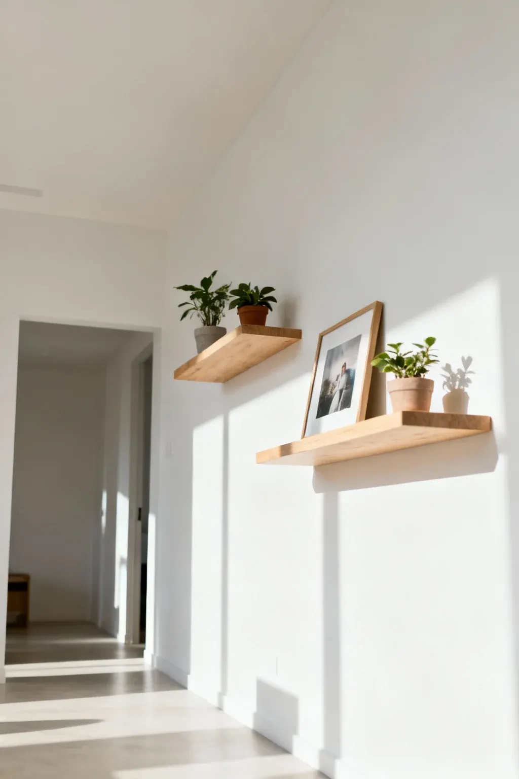 Floating shelves displaying plants and photos in a minimalist room.