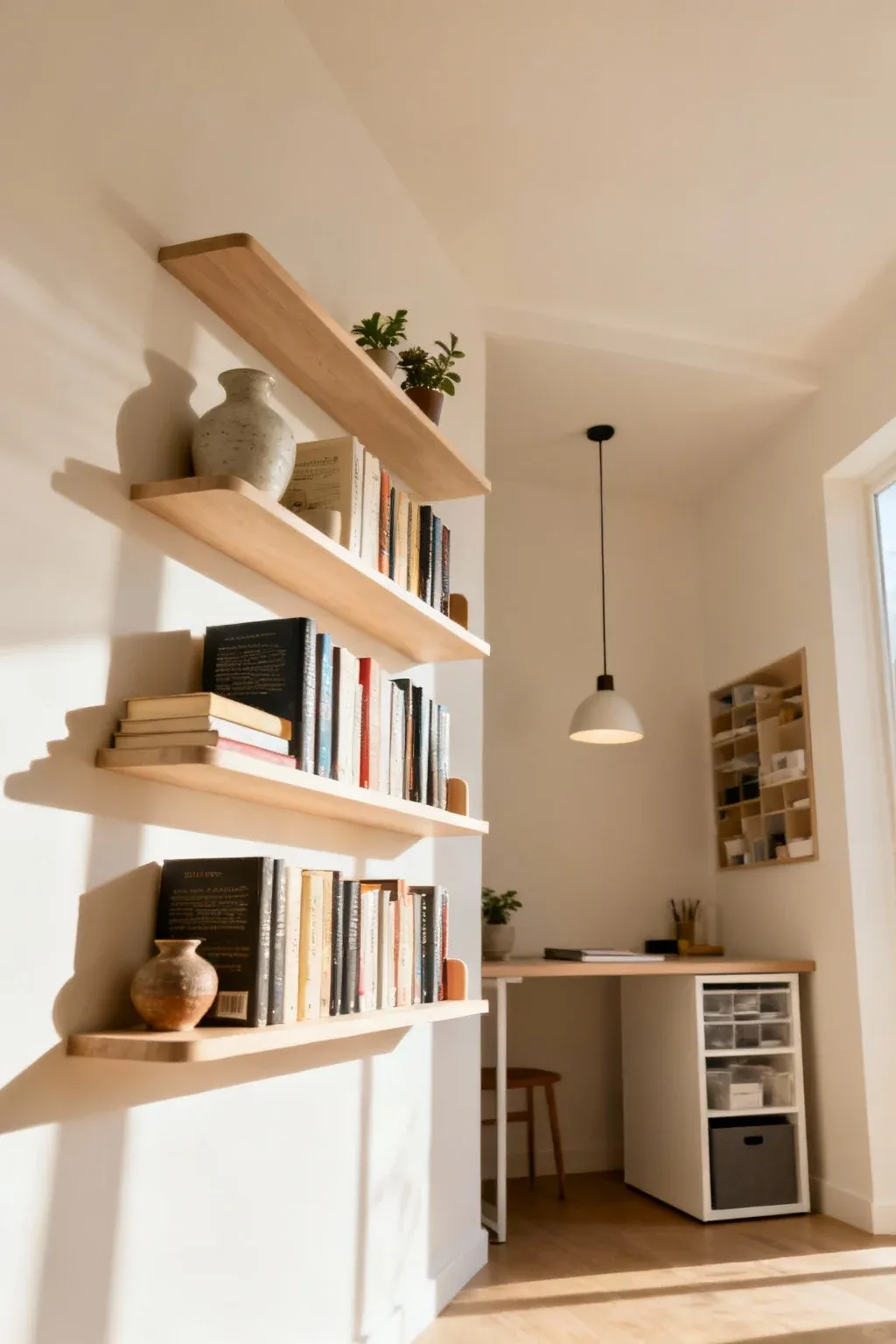 Corner wall shelving displaying books and decor in a small organized room.