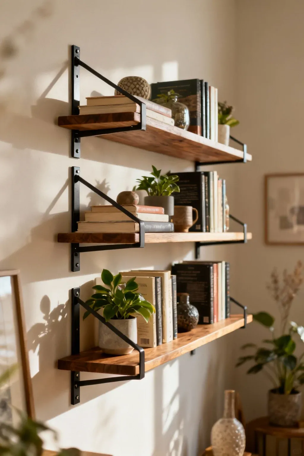 Adjustable wall shelving displaying various items in a dynamic space.