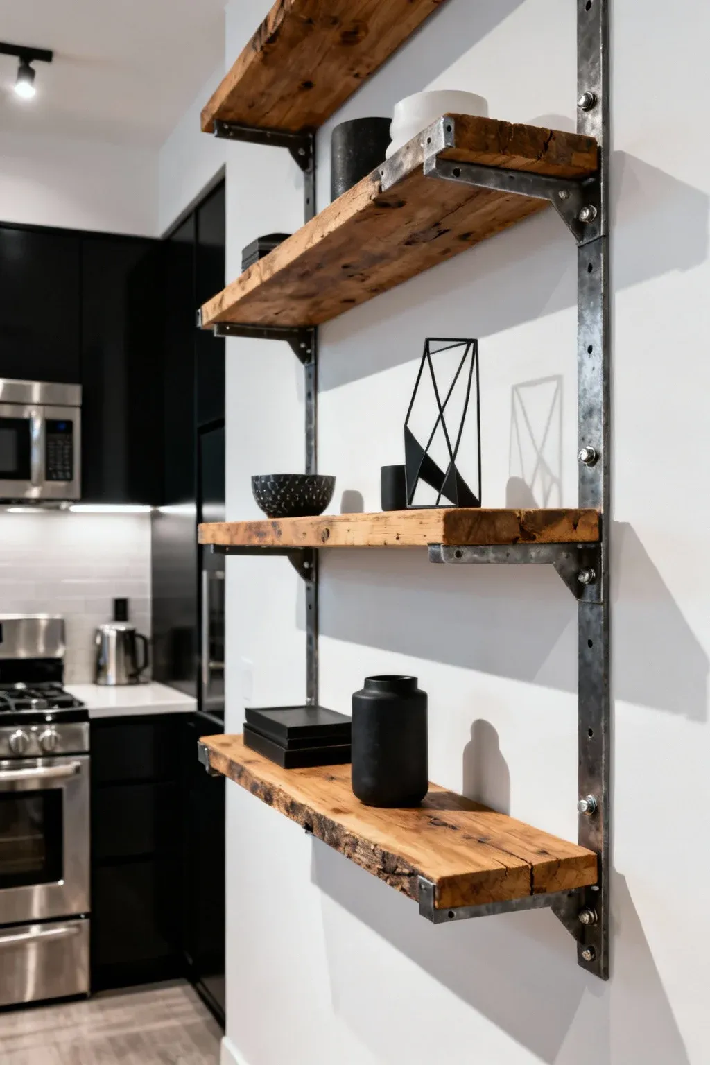 Industrial style wall shelves with metal brackets in a contemporary kitchen.