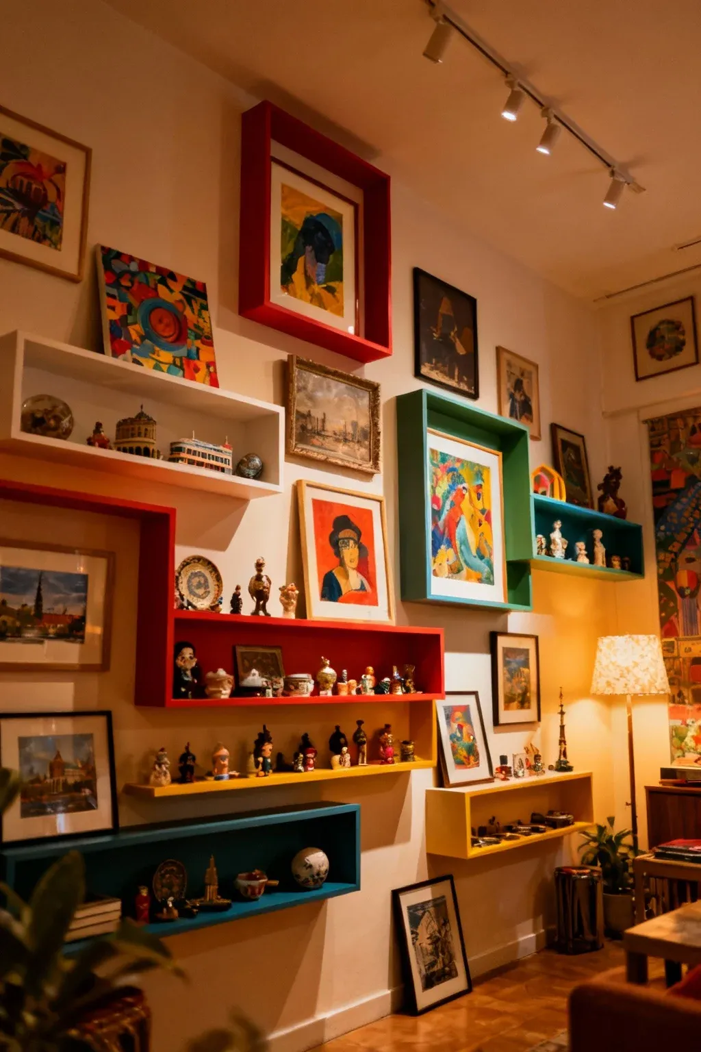 Artful wall shelving showcasing personal collections in a unique space.