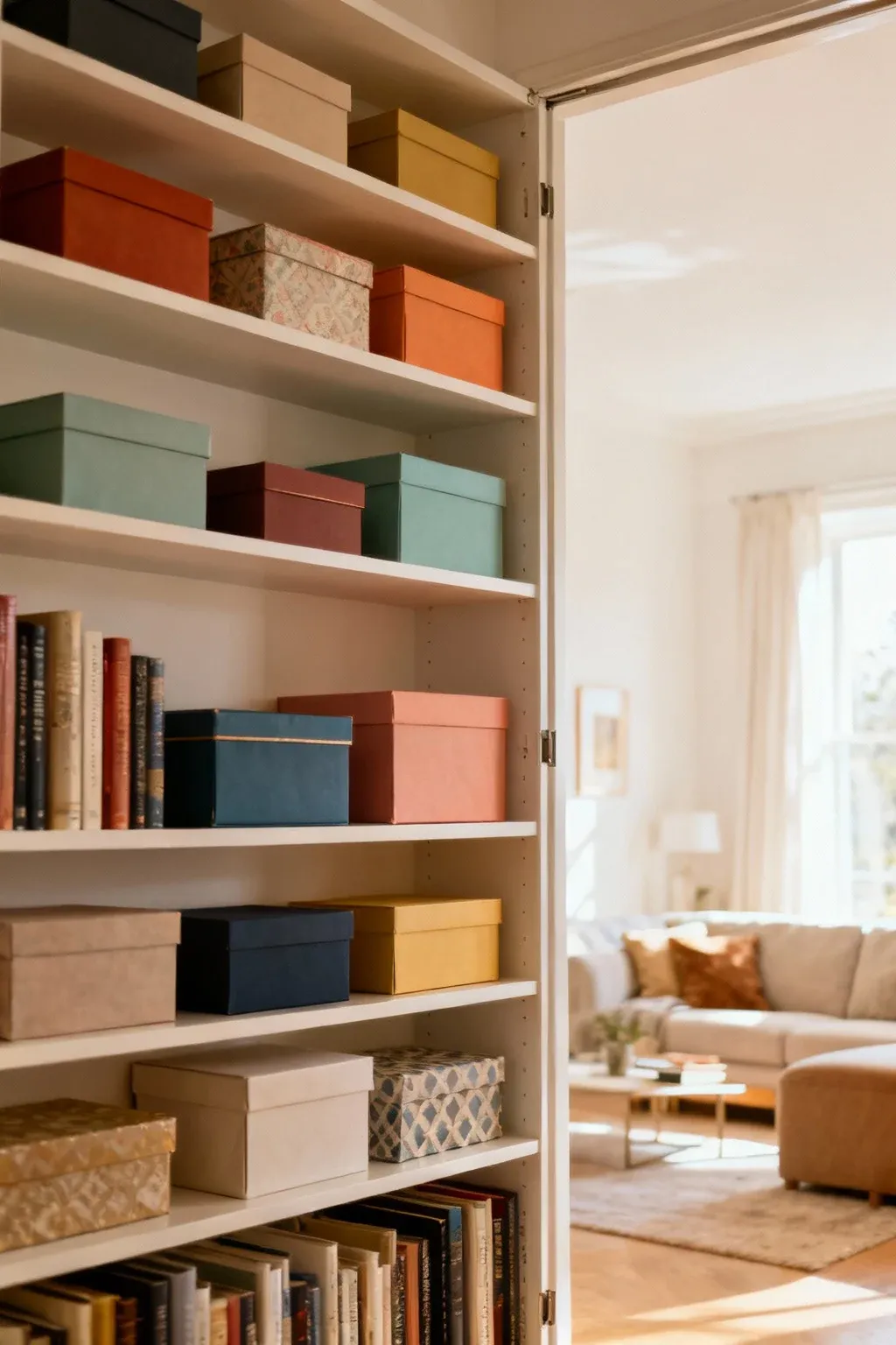 A bright open bookcase with colorful decorative boxes in a cozy living room.