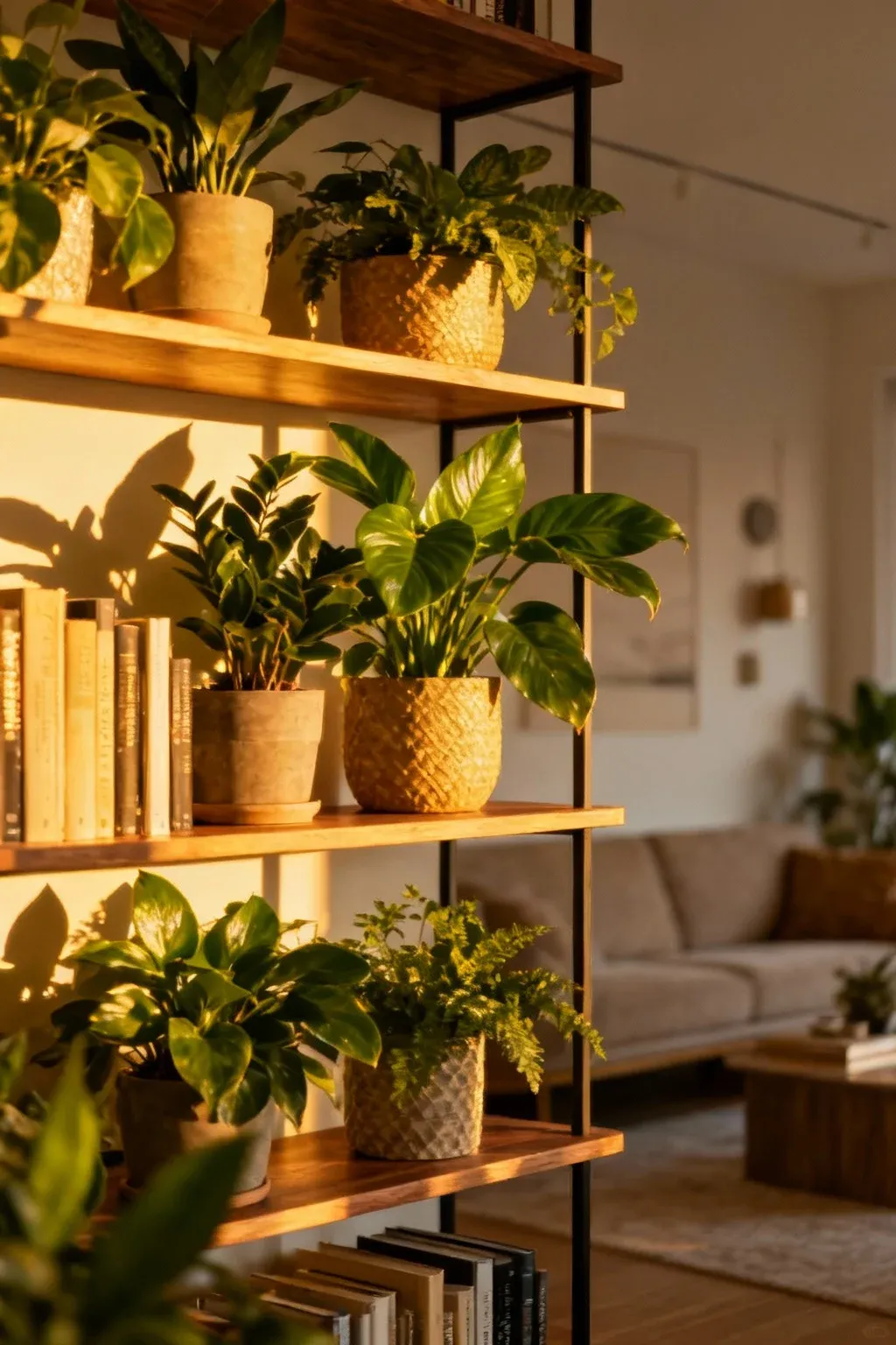 A tiered bookshelf filled with green plants in a contemporary living room.