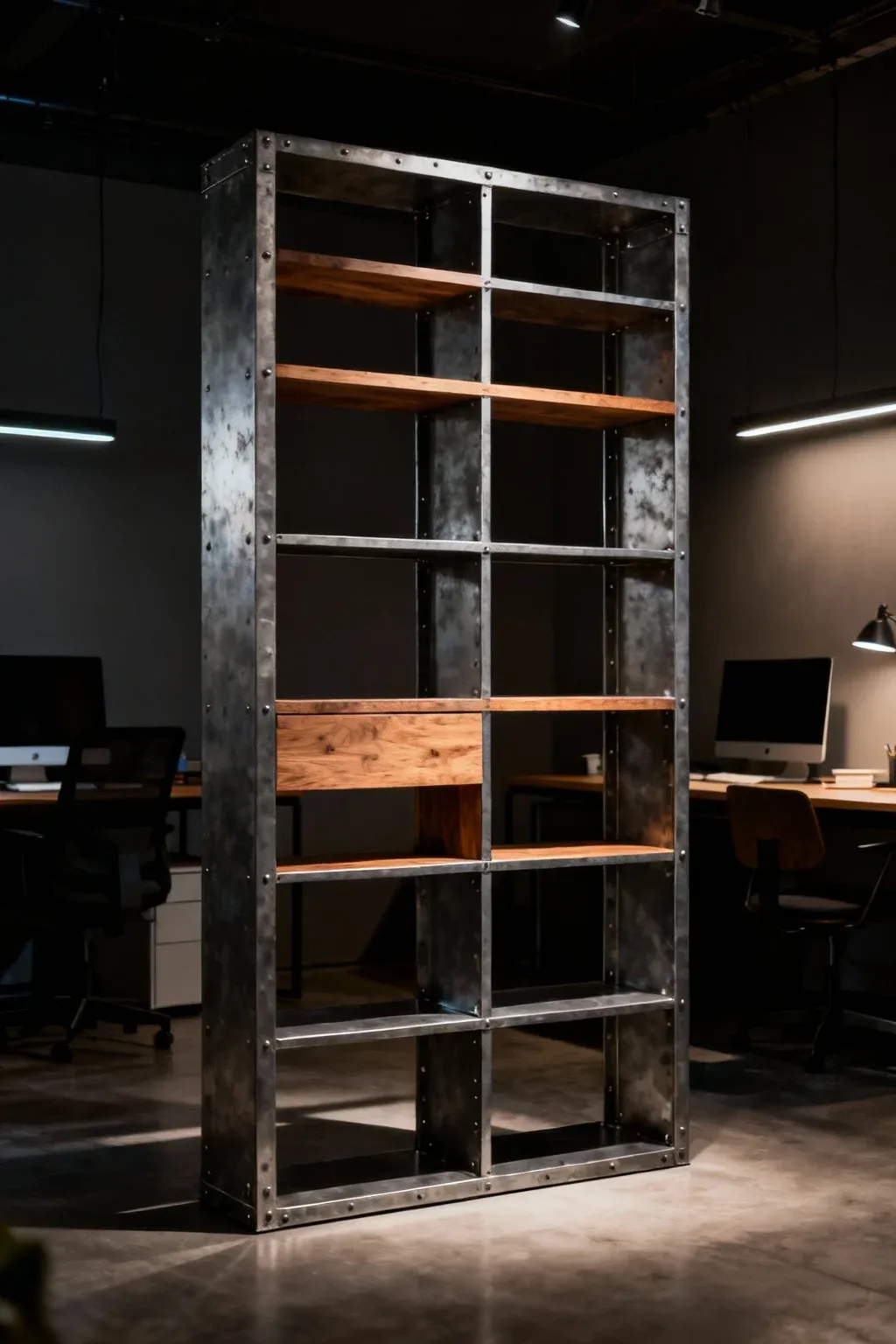 A striking industrial metal bookshelf with wooden accents in a modern office.