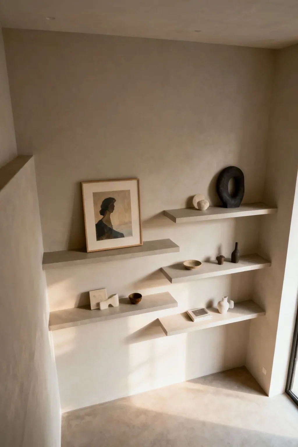 Floating shelves showcasing art and decor on a minimalist wall.