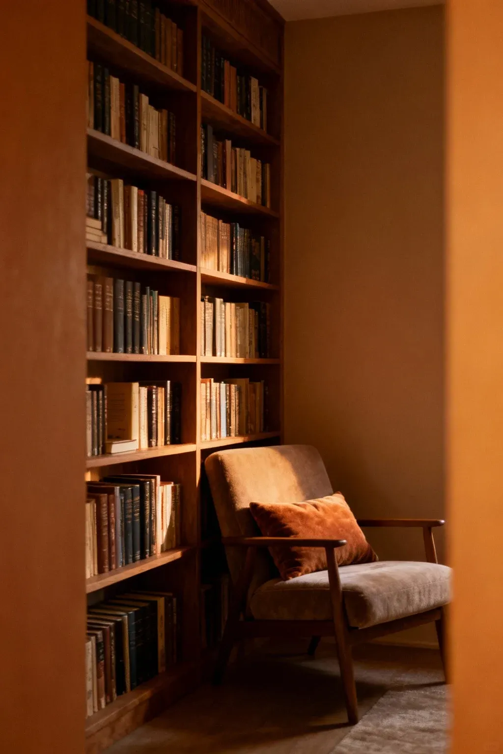 A cozy reading nook with a corner bookshelf and a comfortable chair.