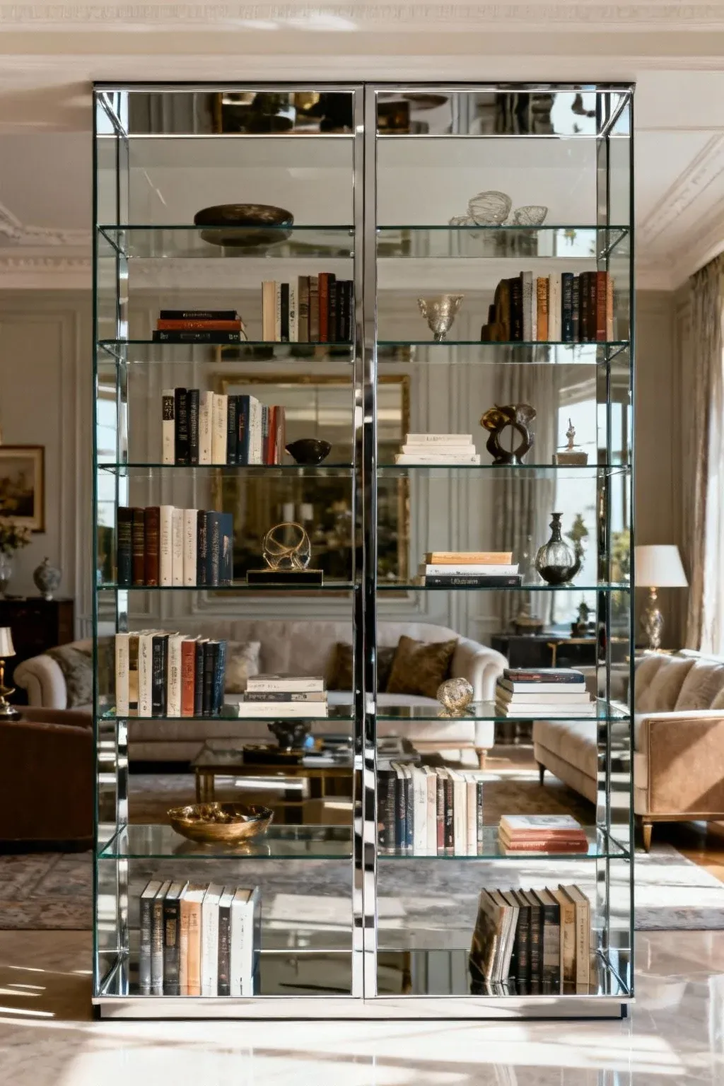An elegant glass-front bookcase in a traditional living room.