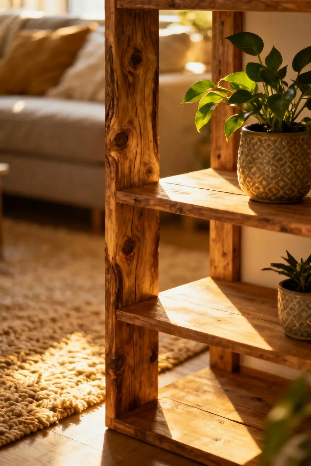 A rustic wooden shelf divider with plants in a cozy living room.