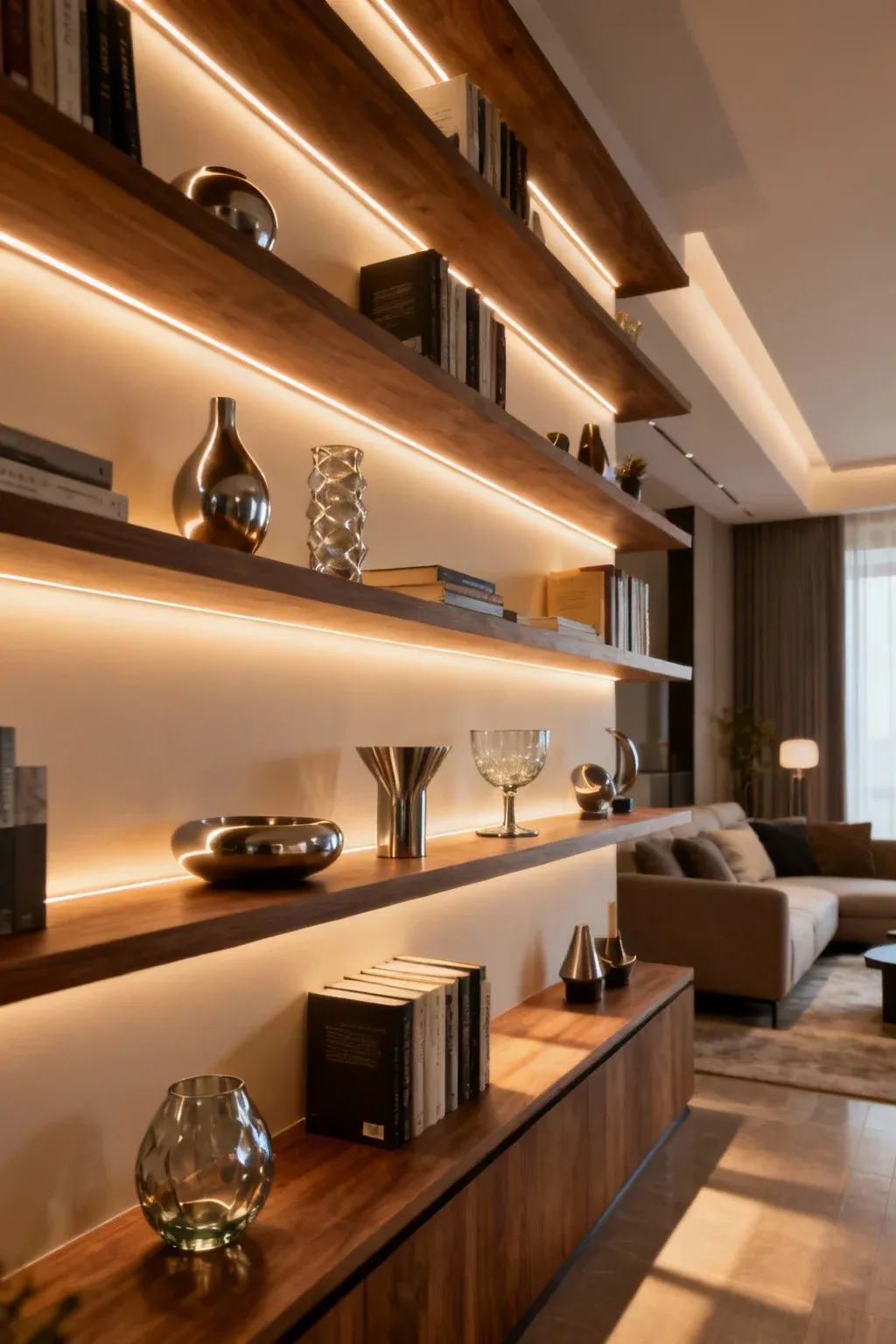 A multi-level bookshelf with LED lighting in a contemporary living room.