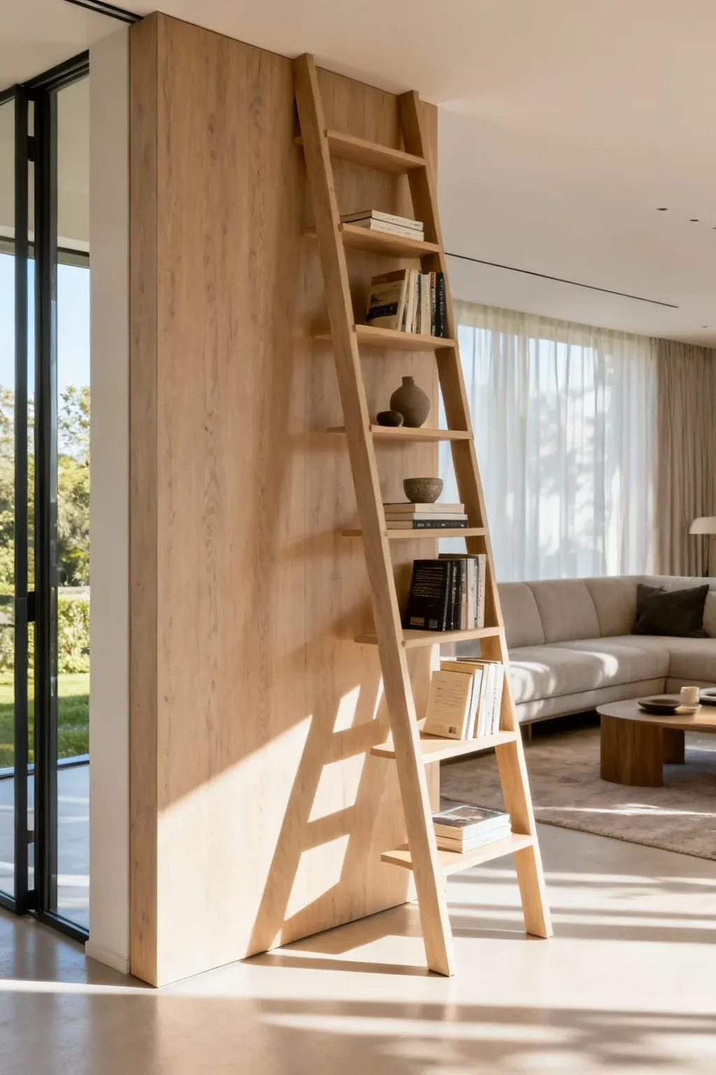 A stylish ladder shelf displaying books in a modern living room.