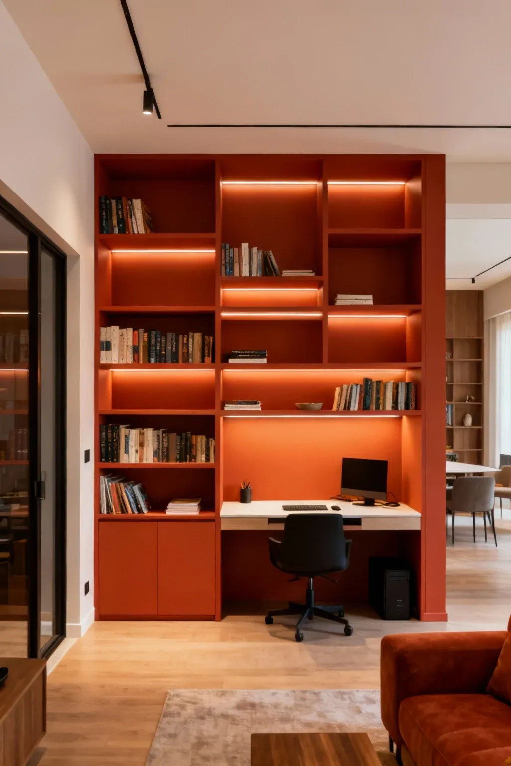A custom built-in bookshelf wall with an integrated workspace.