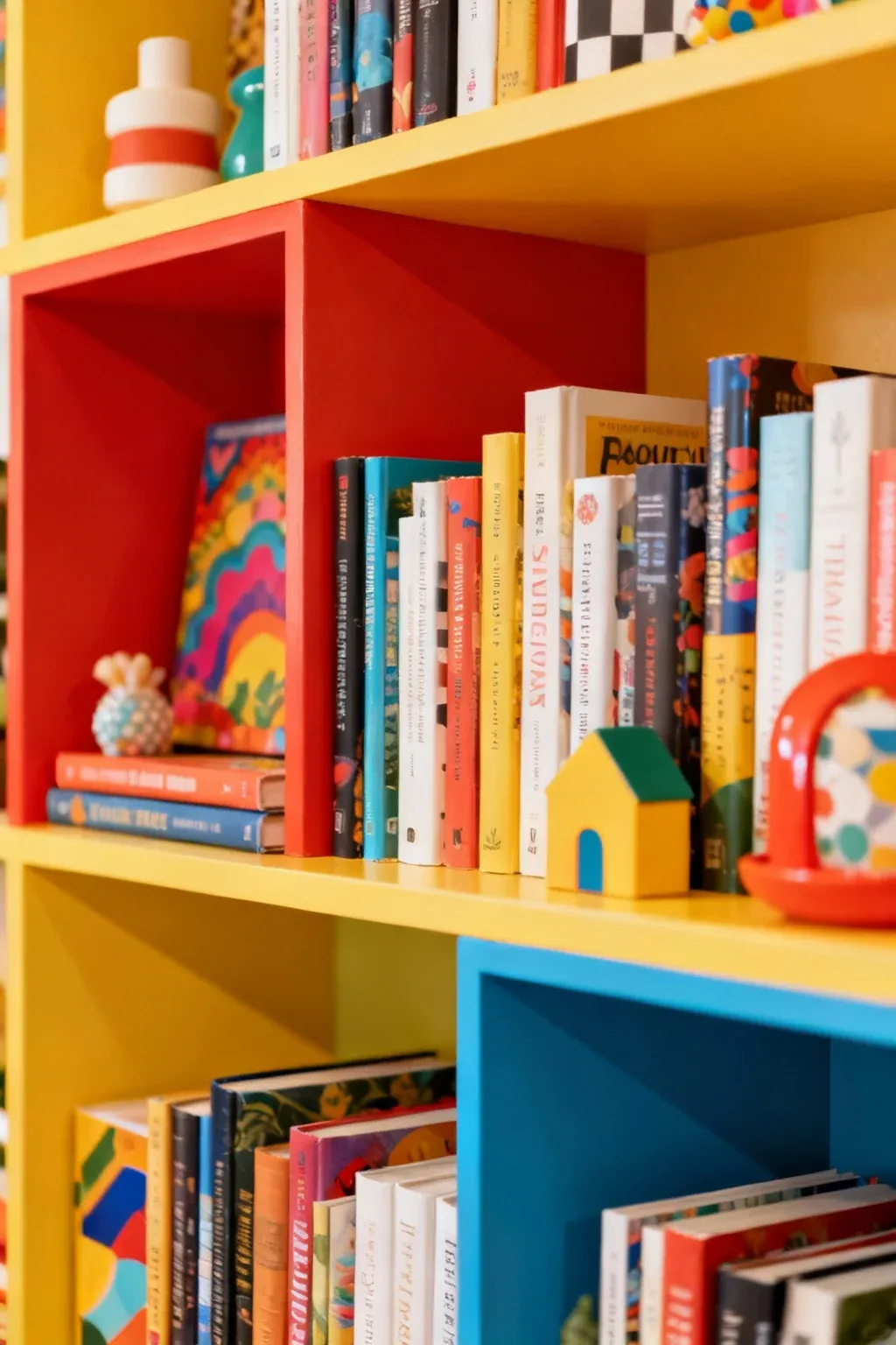 A colorful bookshelf filled with books and decor in a playful studio.