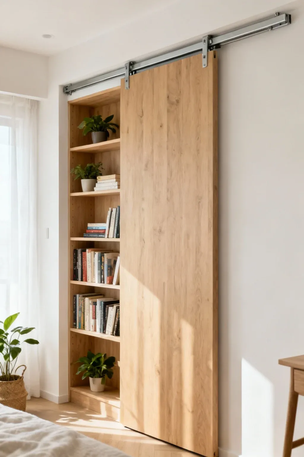 A sliding bookshelf partition in a compact studio apartment.