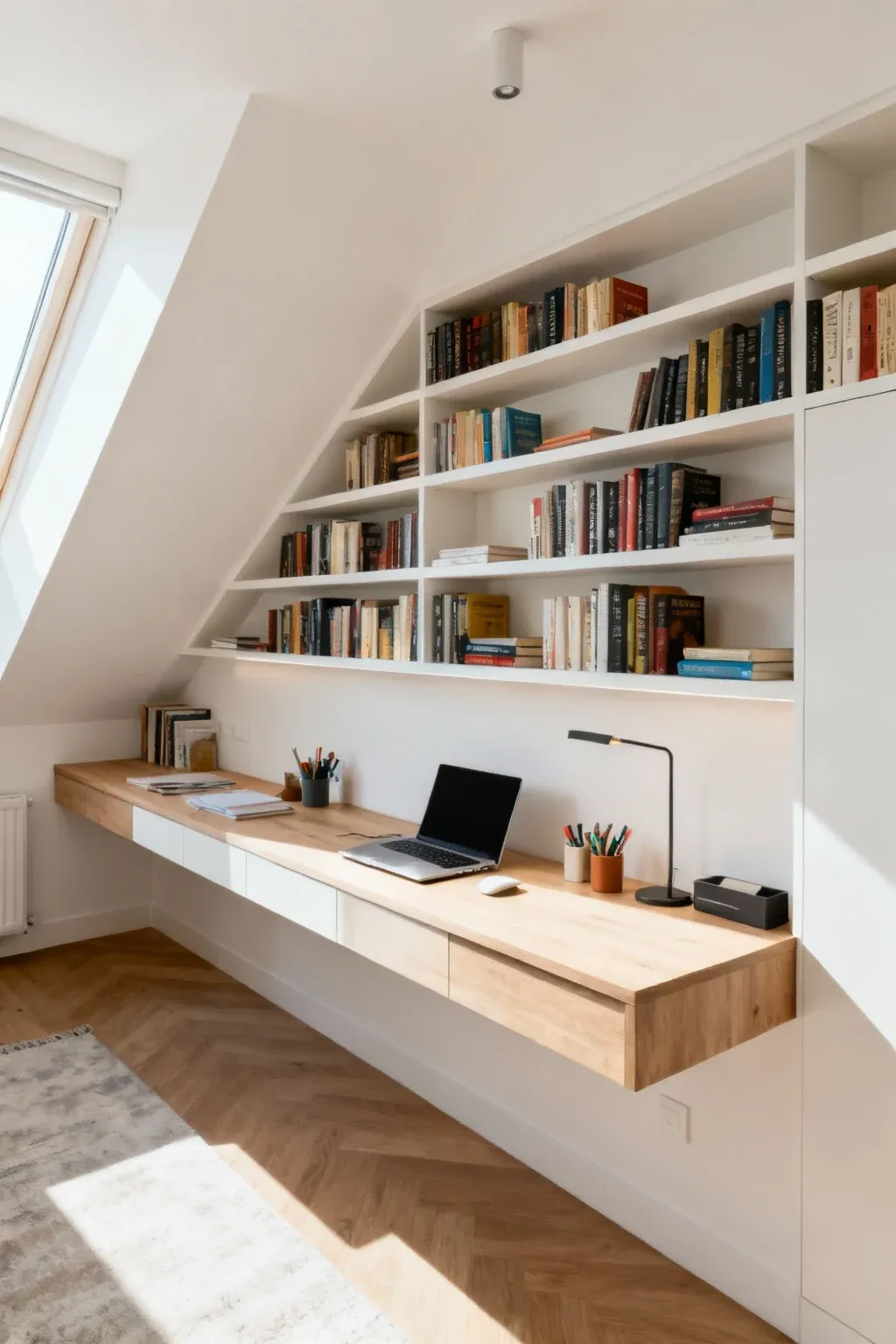 An integrated bookshelf and workspace in a multipurpose room.