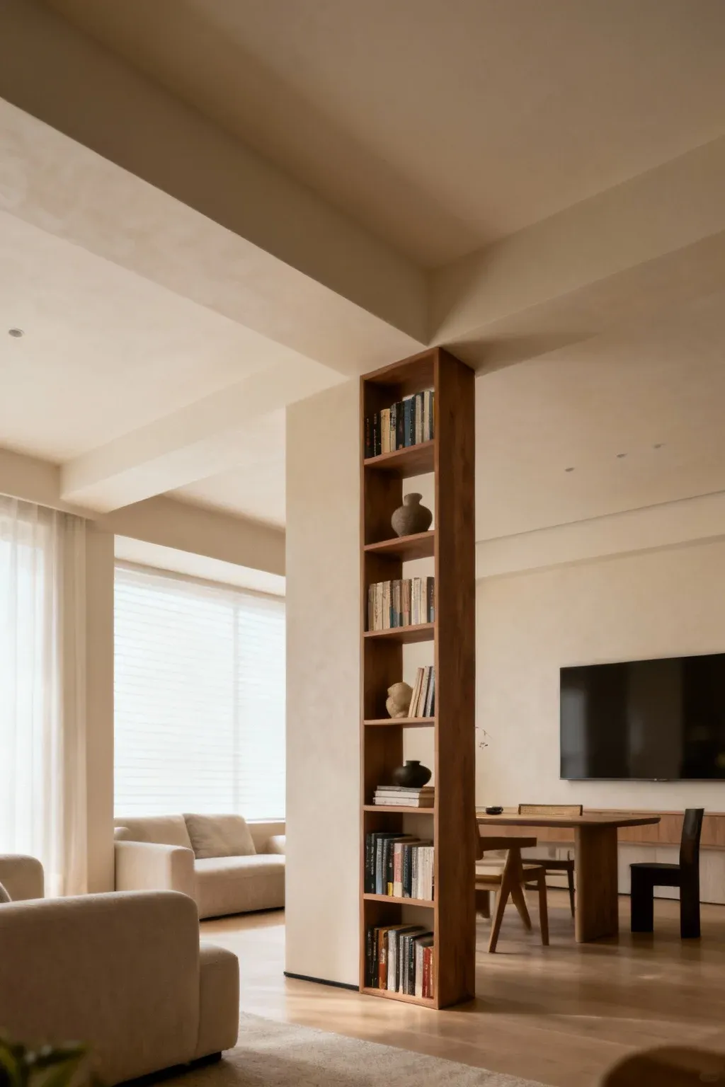 A vertical bookshelf efficiently dividing space in a small room.