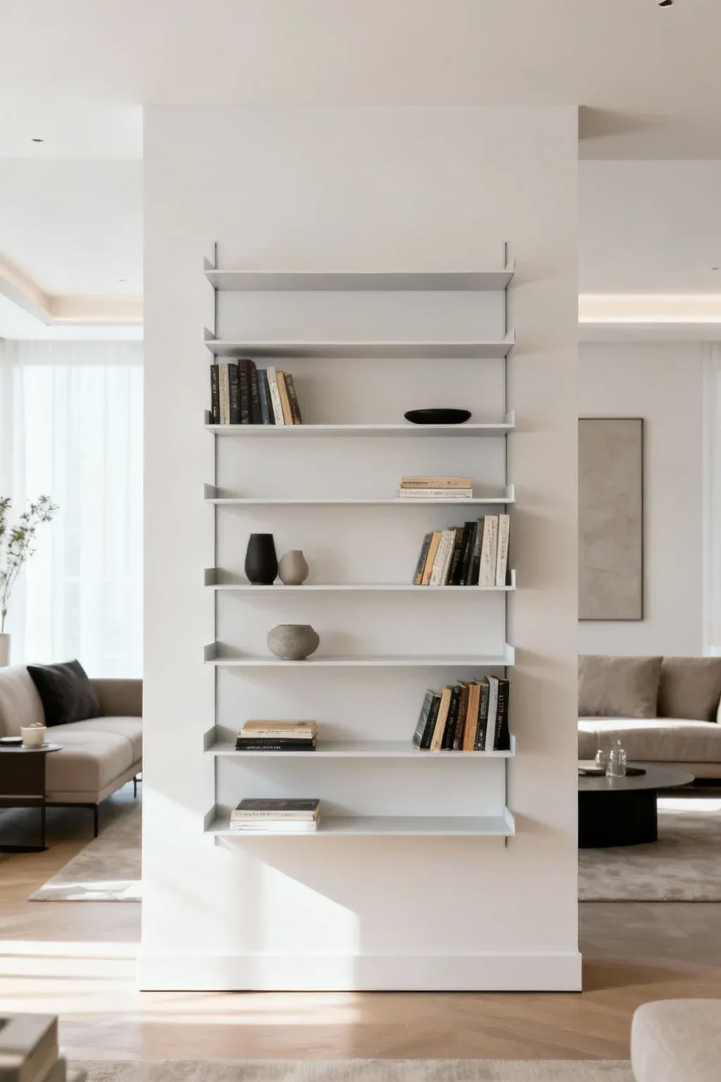A minimalist wall-mounted bookshelf displaying items in a modern room.