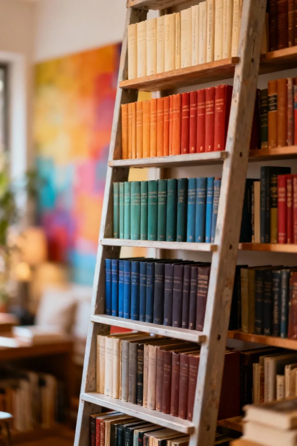 A colorful ladder bookshelf with books organized by color in a gradient effect.
