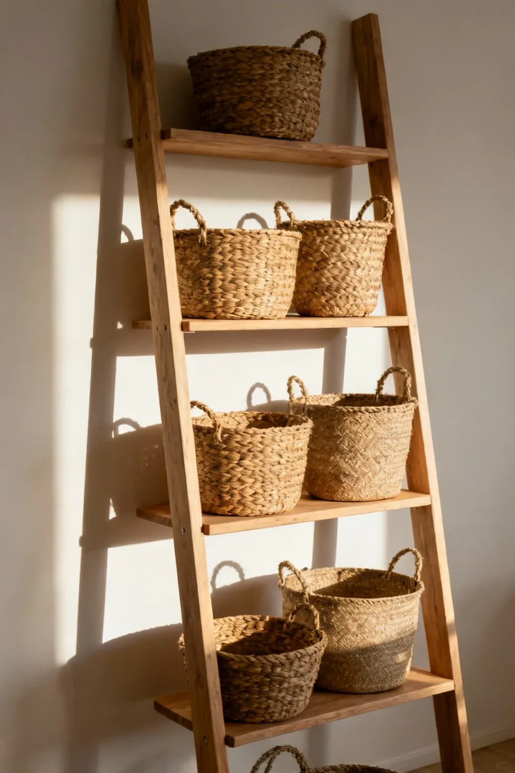 A ladder shelf displaying woven baskets of different sizes and materials.