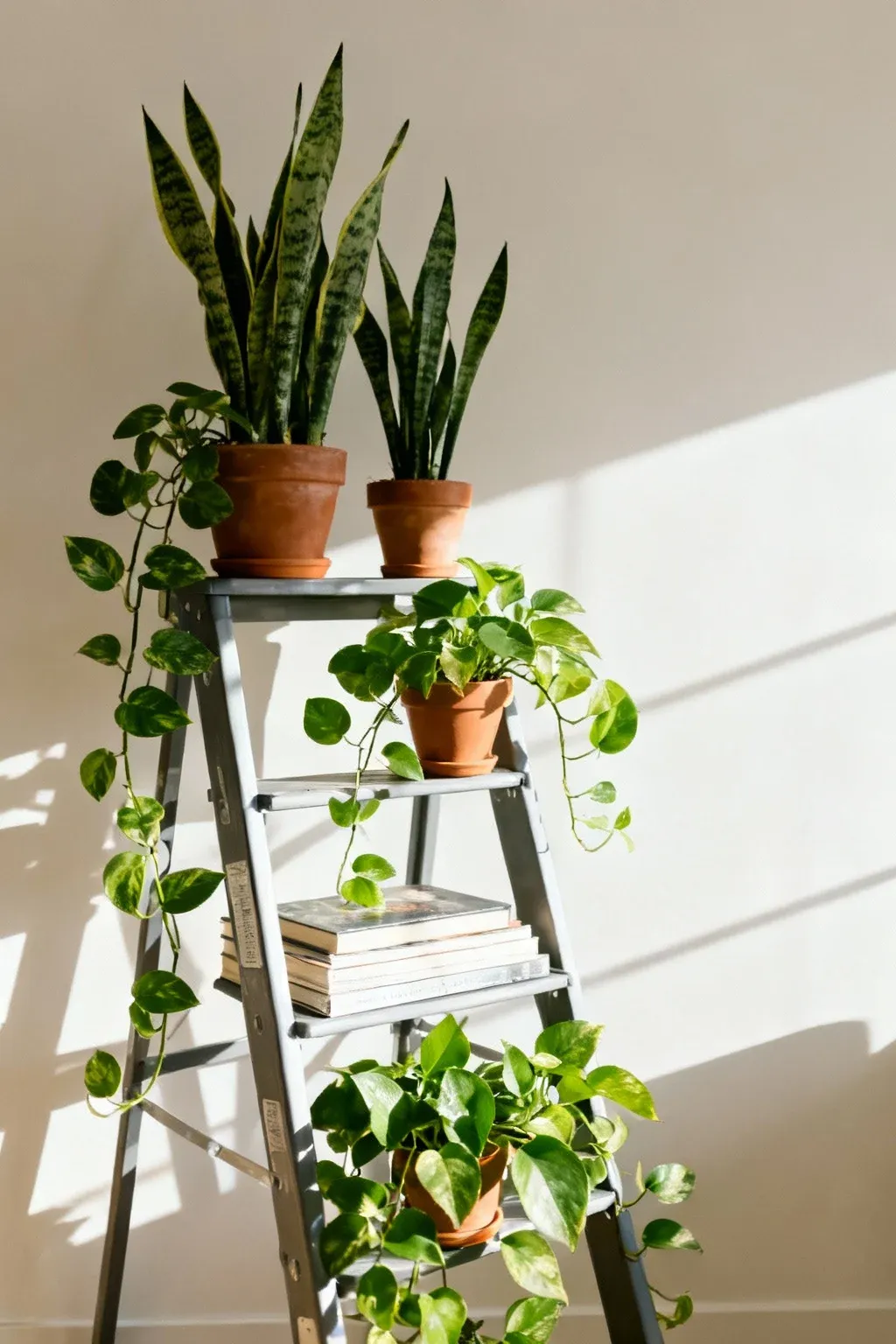 A ladder bookshelf with potted plants adding greenery and freshness.