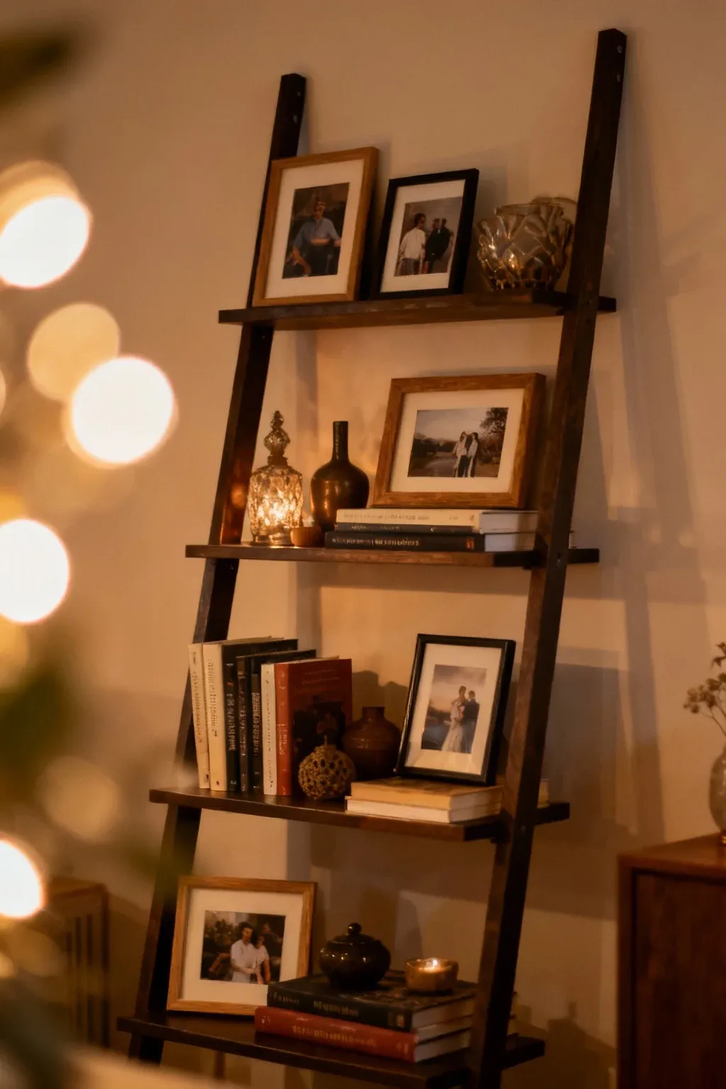 A ladder shelf displaying framed photos among books and decor.