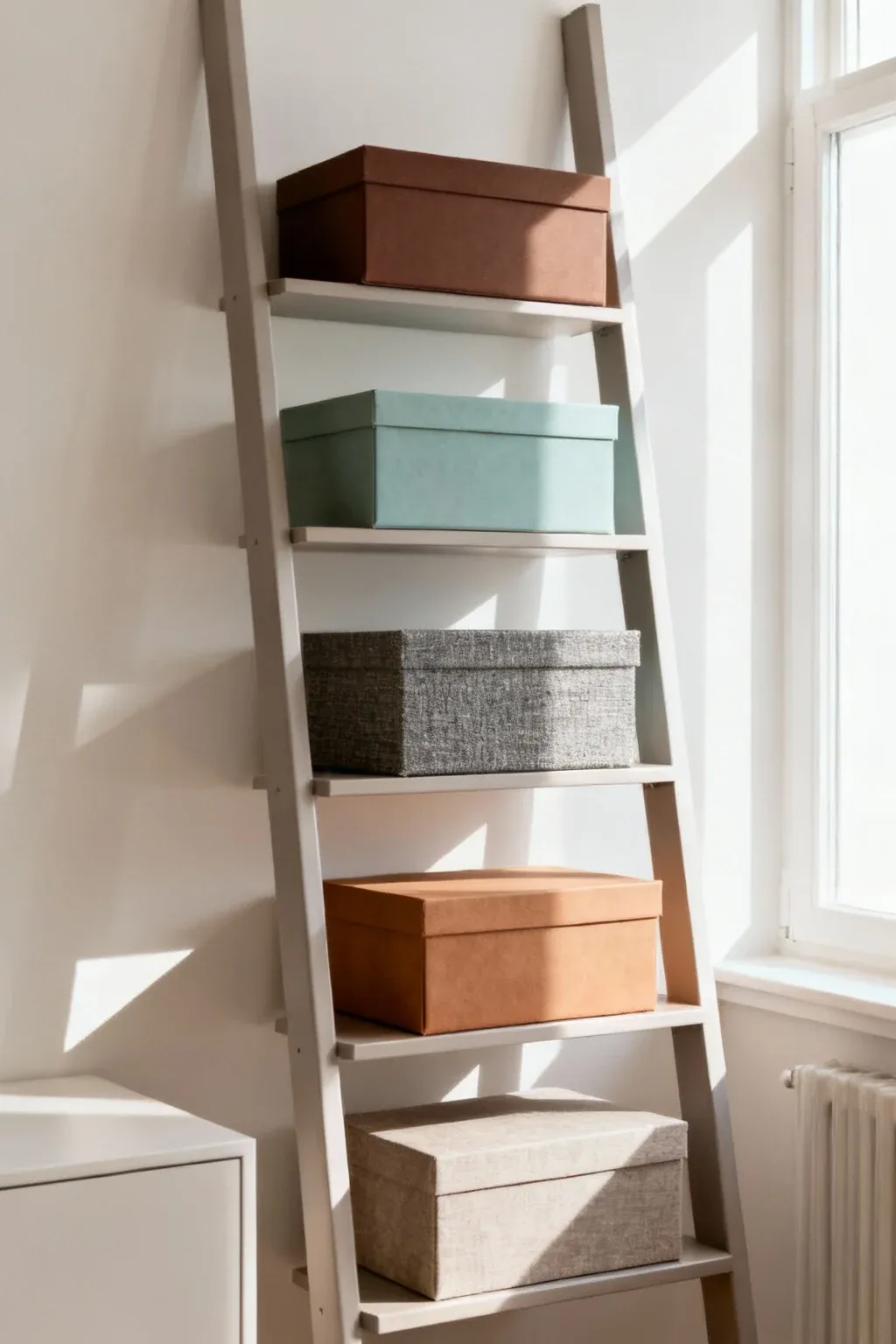A ladder shelf featuring decorative boxes for stylish storage.