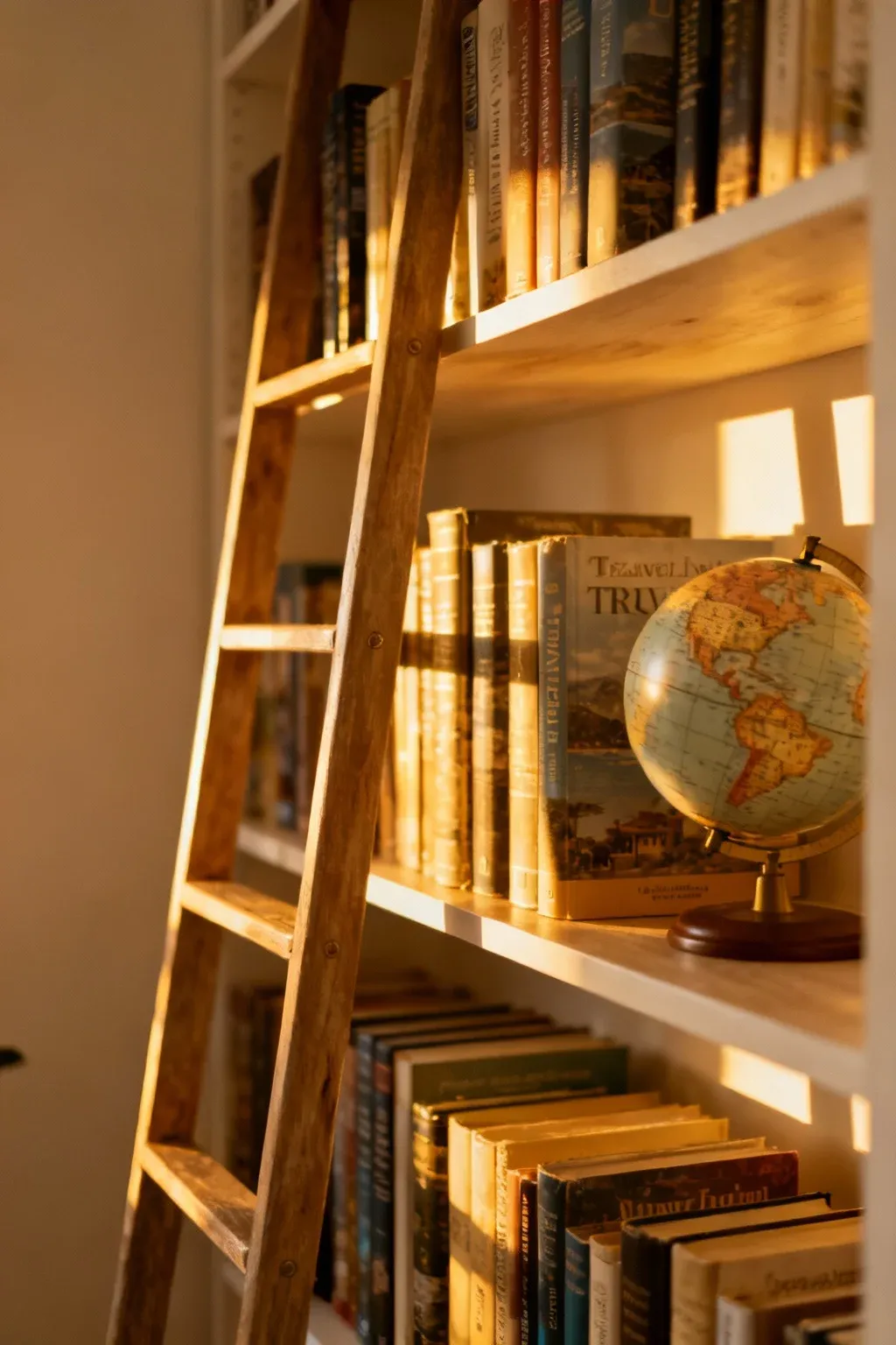 A ladder shelf showcasing travel books and a globe for a themed display.