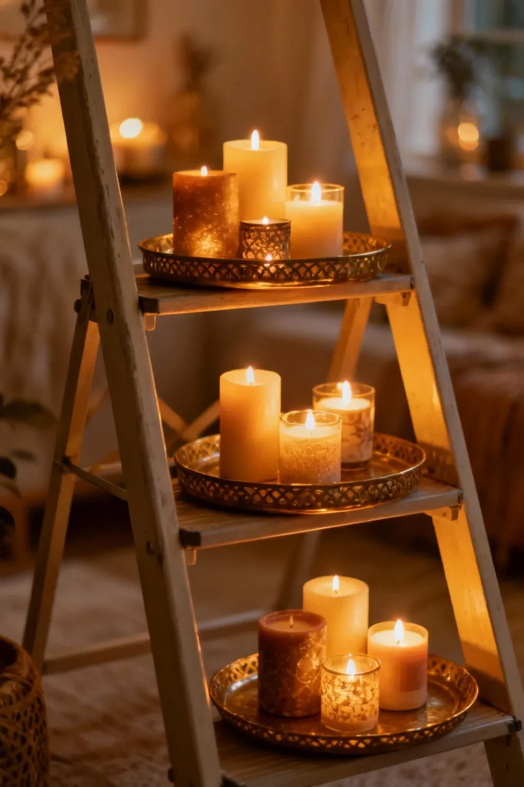 A ladder shelf adorned with candles creating a warm and cozy atmosphere.