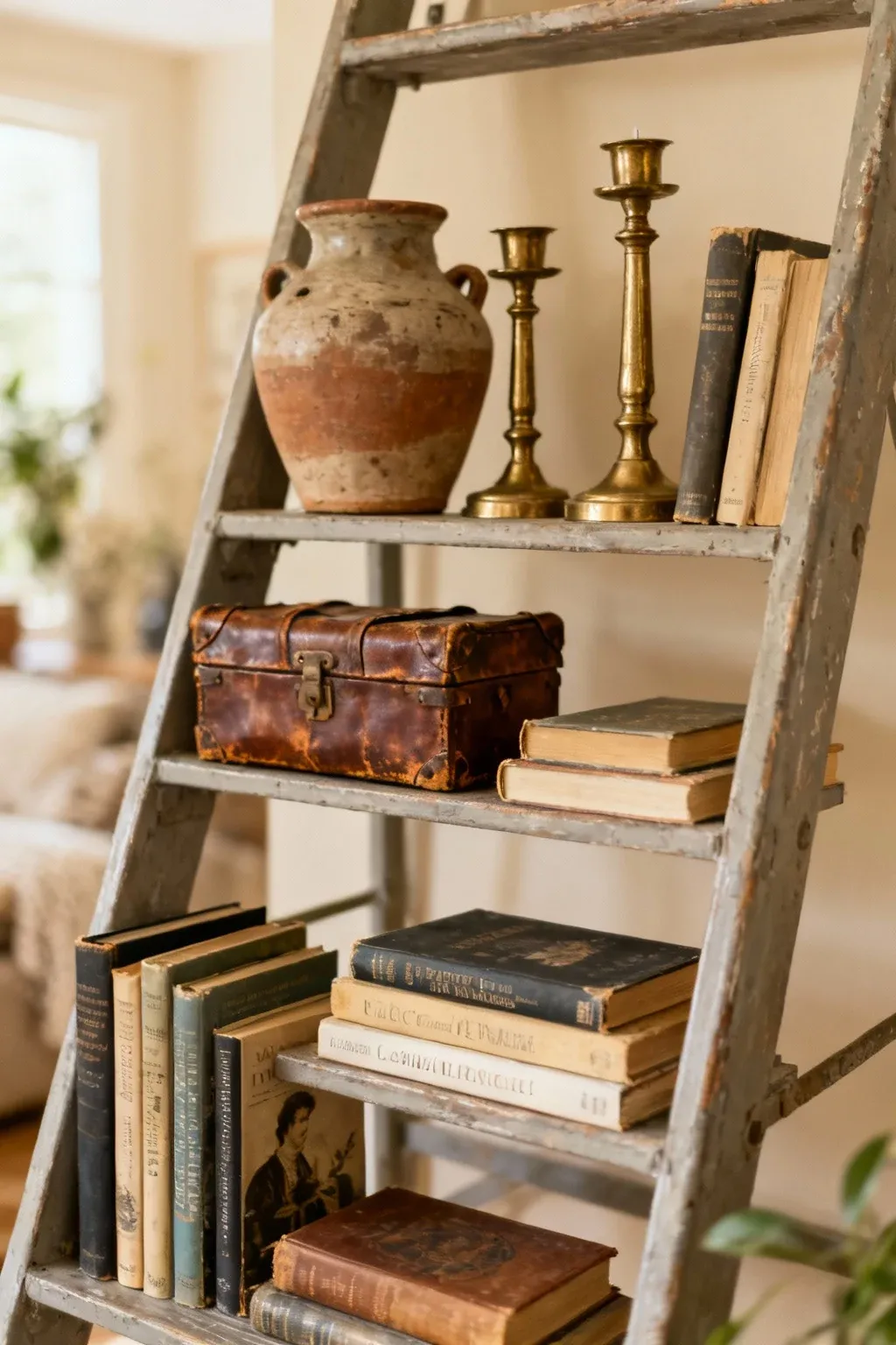 A ladder shelf displaying vintage items and books for a curated look.