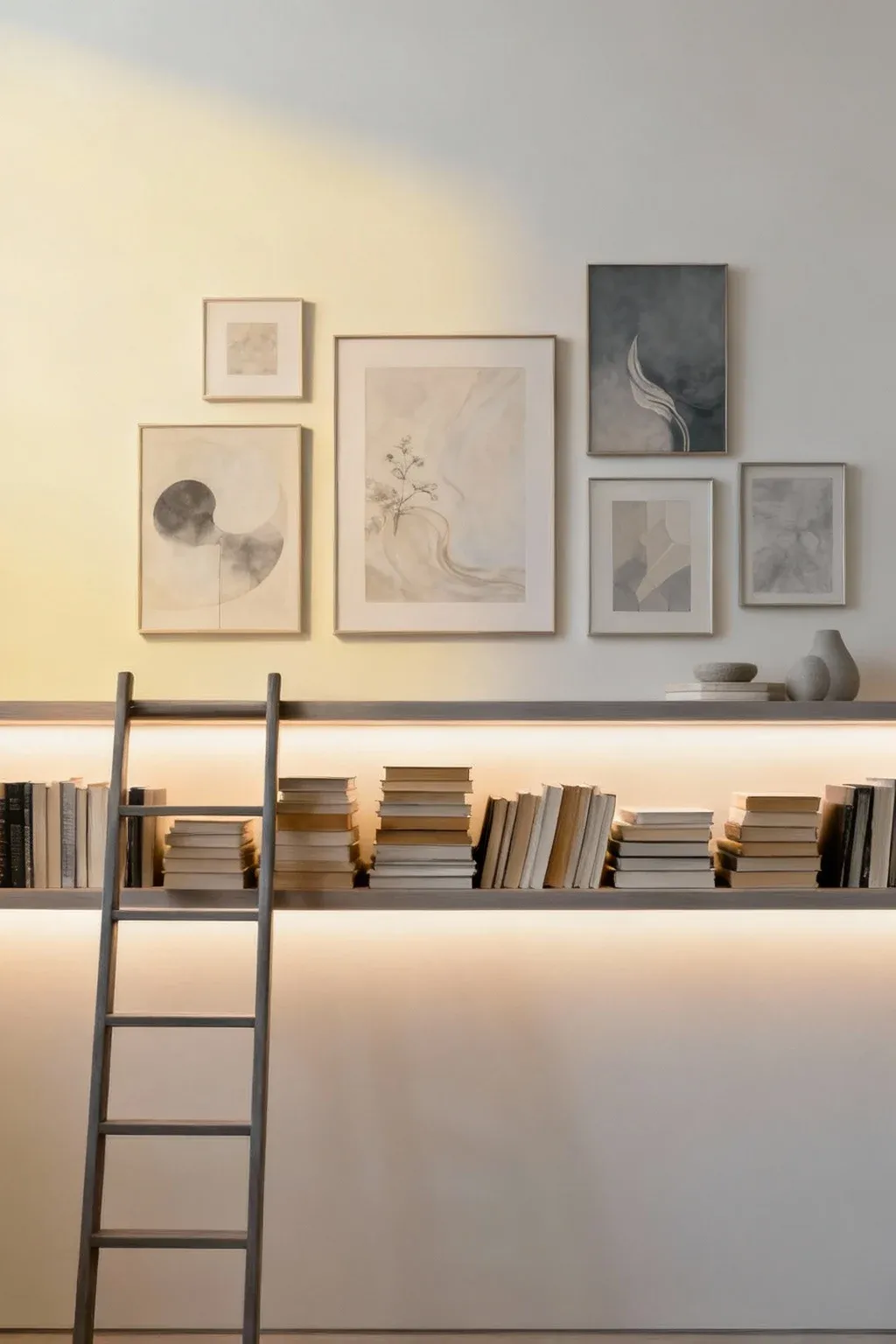 Wall art above a ladder bookshelf creating a cohesive decor look.