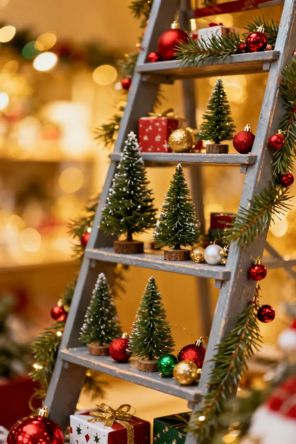 A ladder shelf decorated with holiday accents for a seasonal touch.