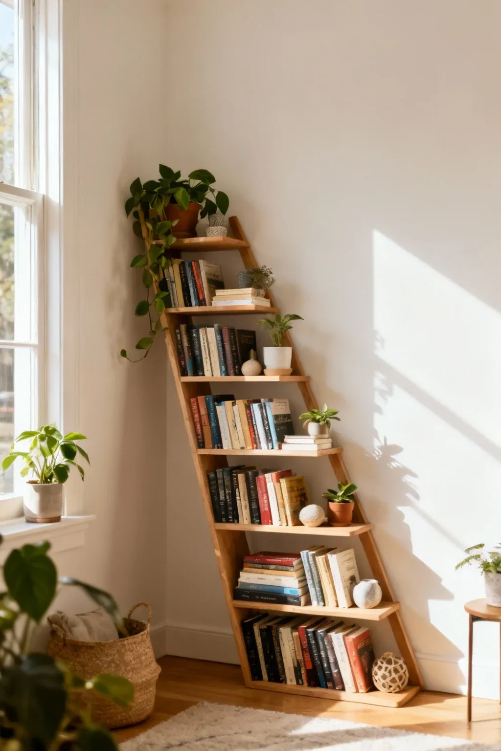 A corner with a leaning bookshelf filled with books and decor.