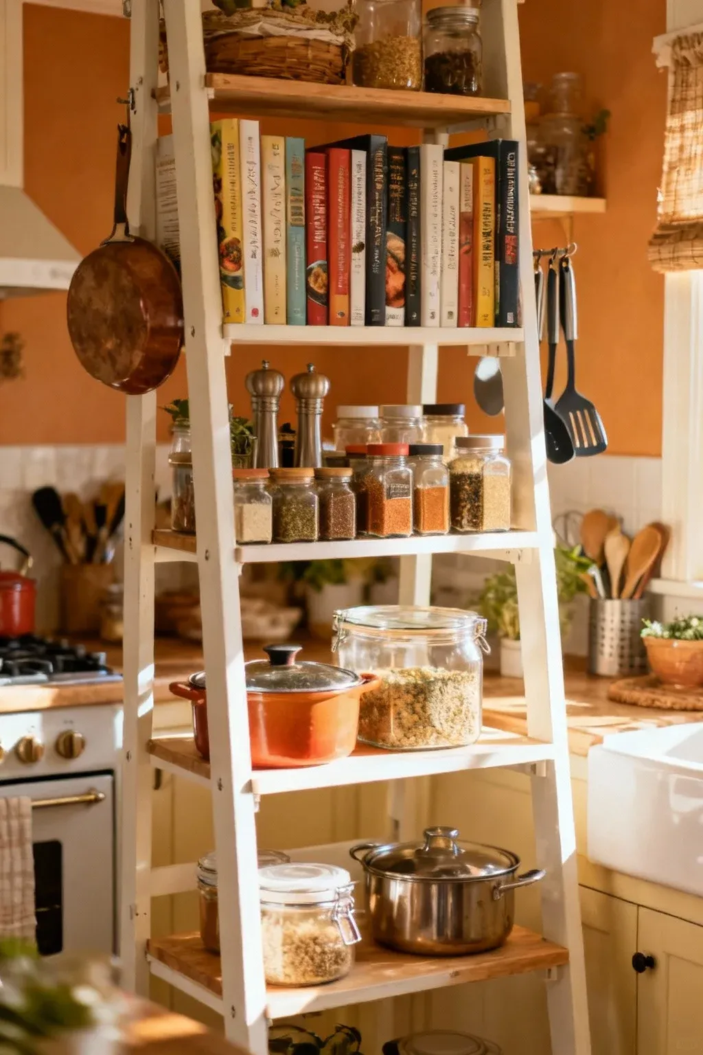 A ladder shelf in the kitchen displaying cookbooks and decor.