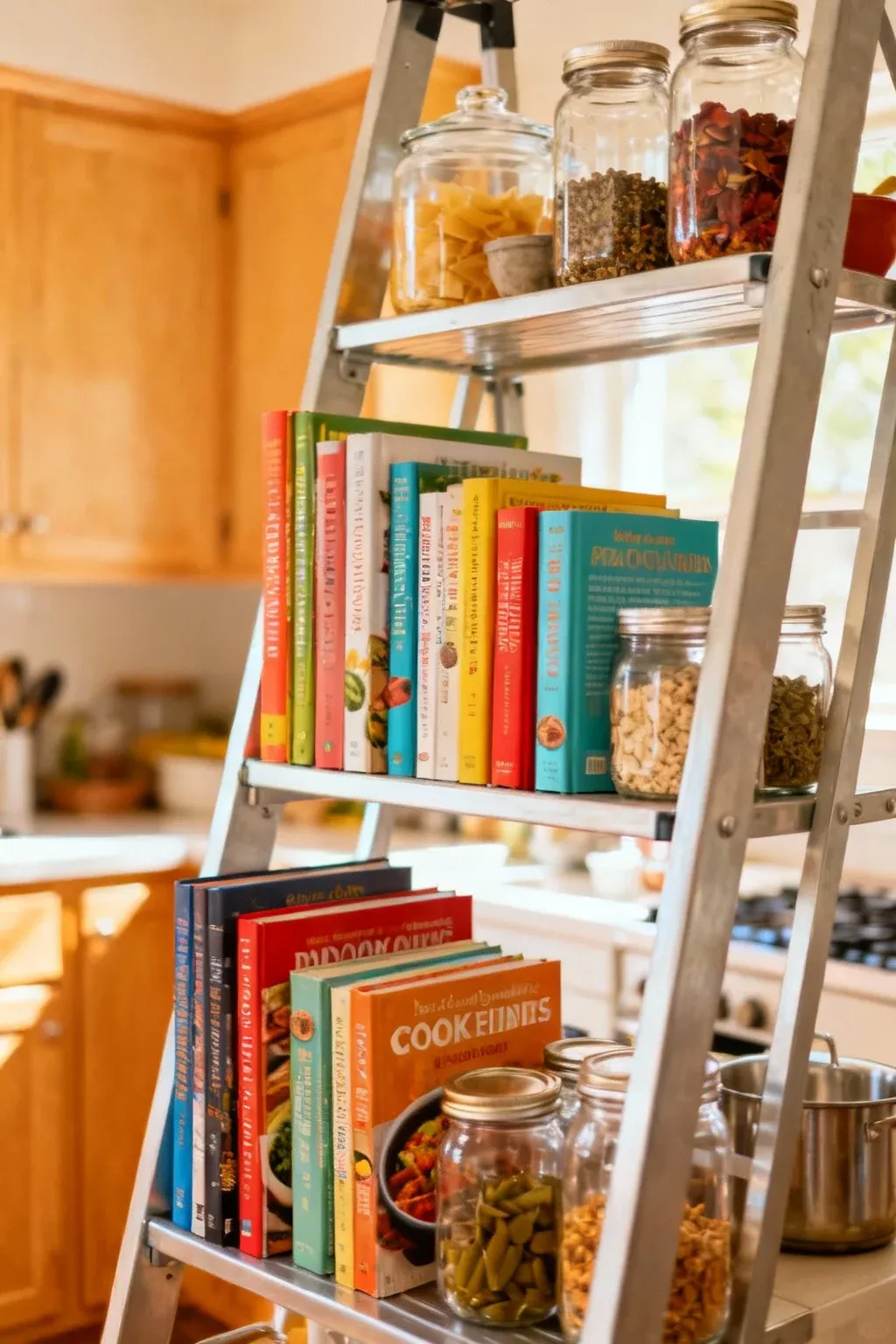 A ladder shelf organizing cookbooks alongside kitchen essentials.