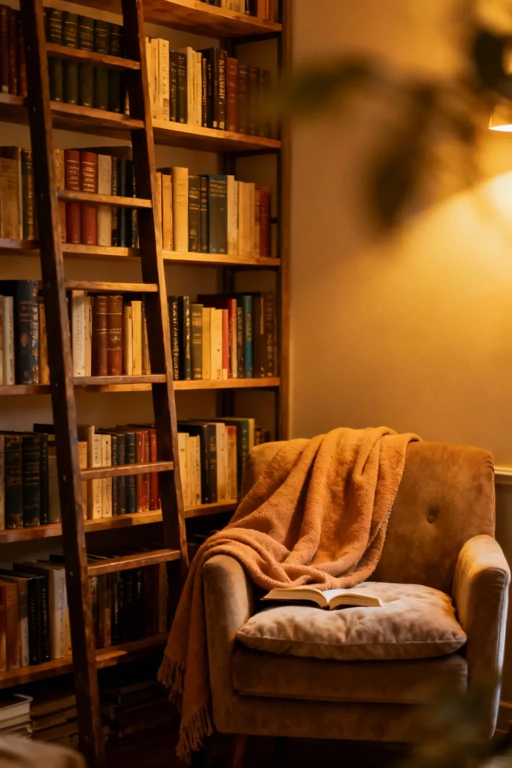 A cozy reading nook with a ladder shelf filled with books.