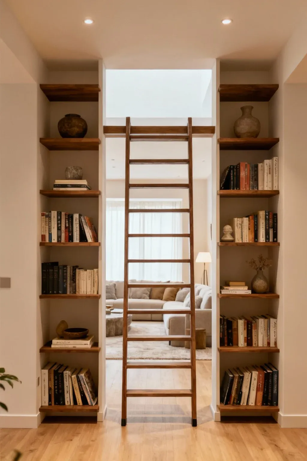 A ladder shelf used as a room divider in an open space.