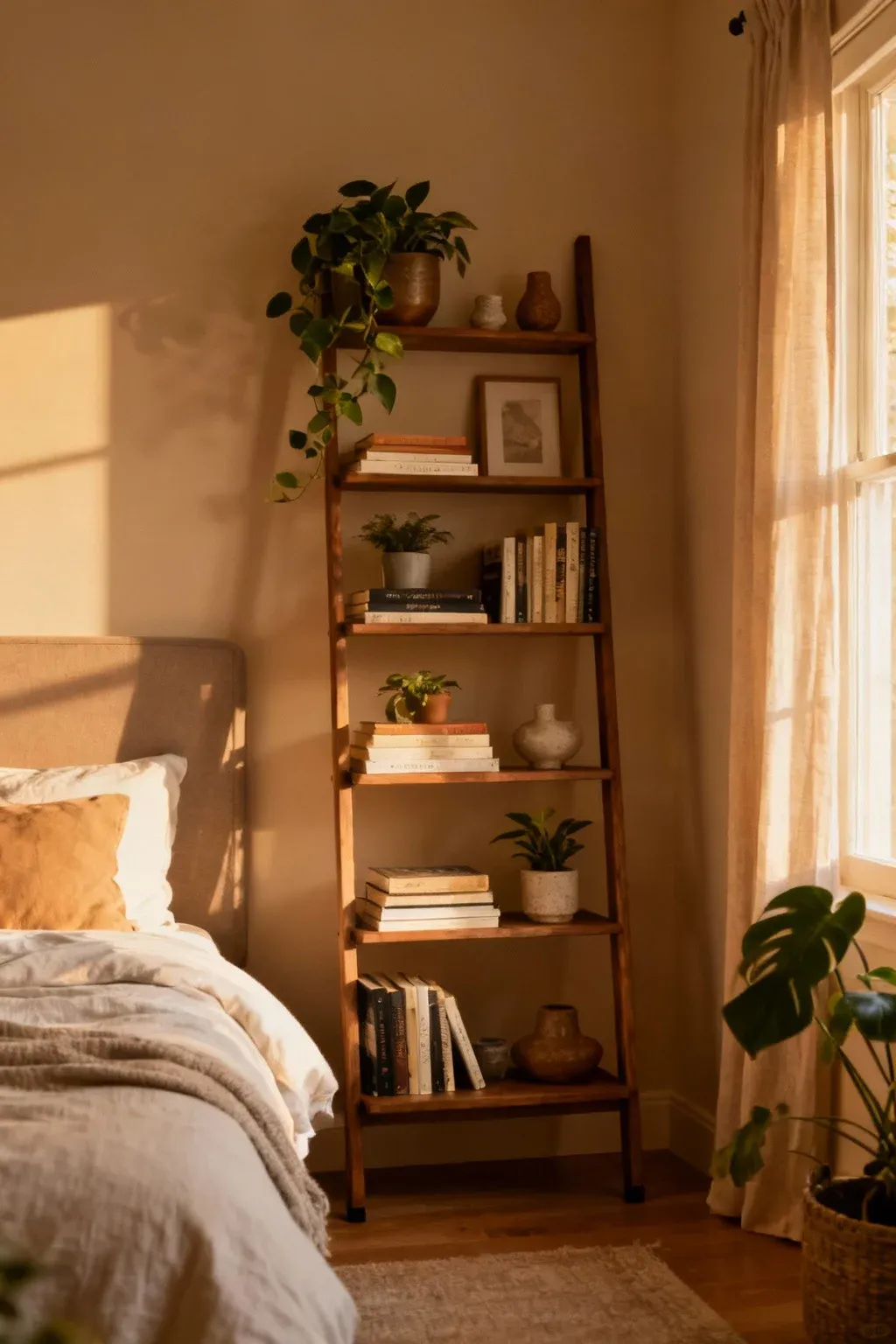 A ladder shelf in the bedroom displaying books and decor.