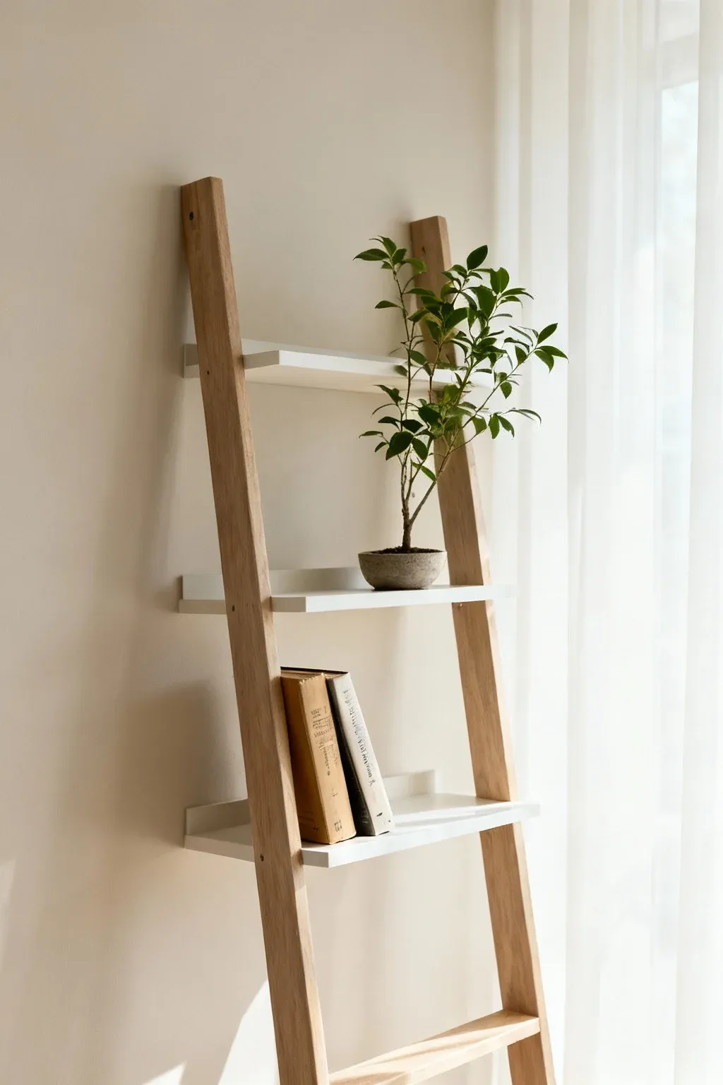 A minimalist ladder bookshelf with a few key decorative pieces.