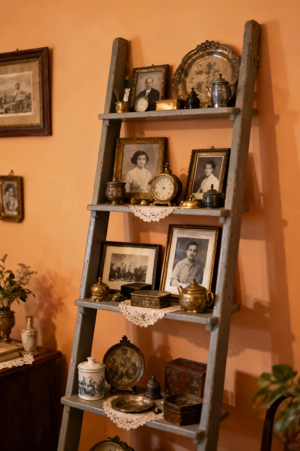 A ladder shelf showcasing family heirlooms and sentimental items.