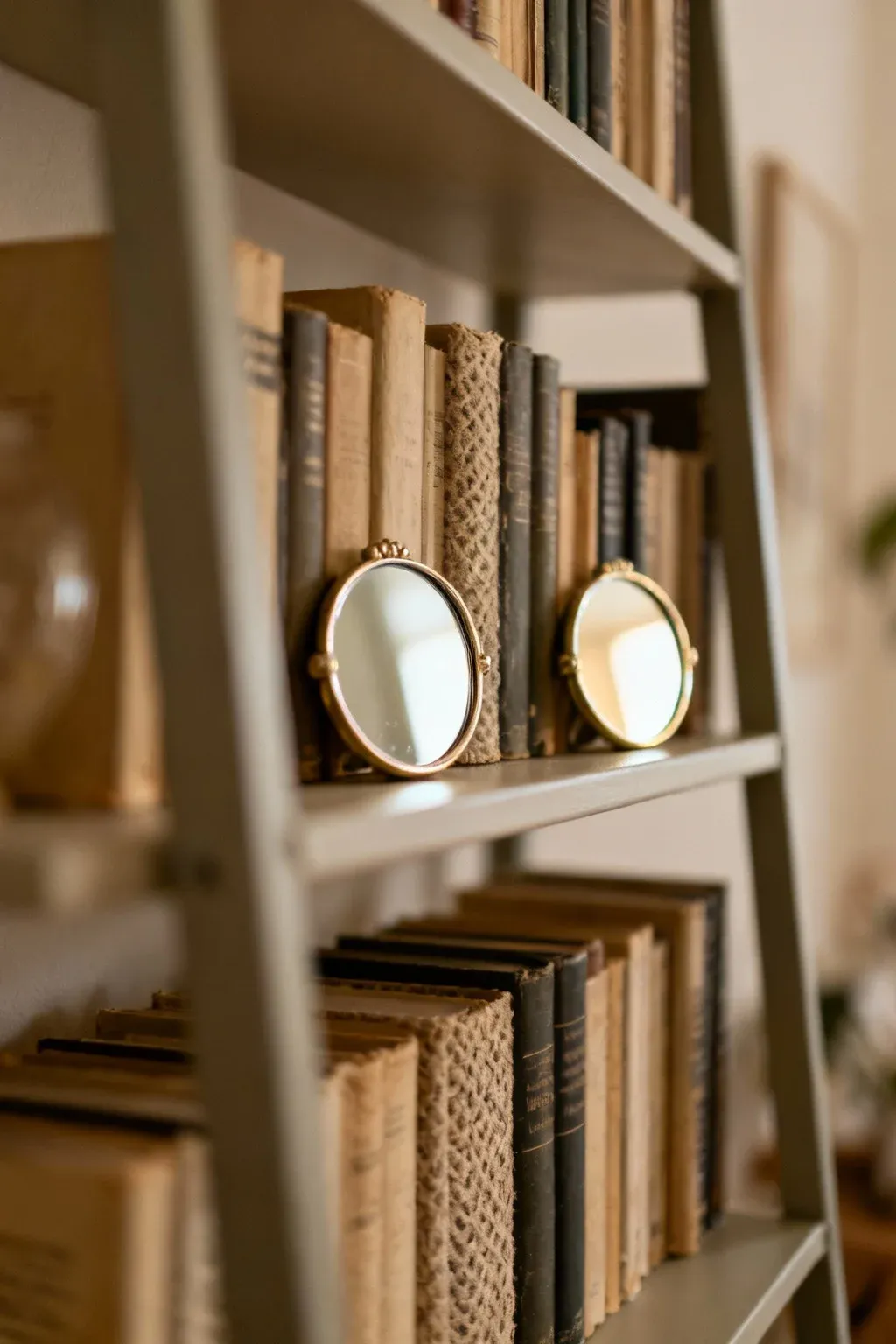 A ladder shelf with small mirrors reflecting light and adding depth.